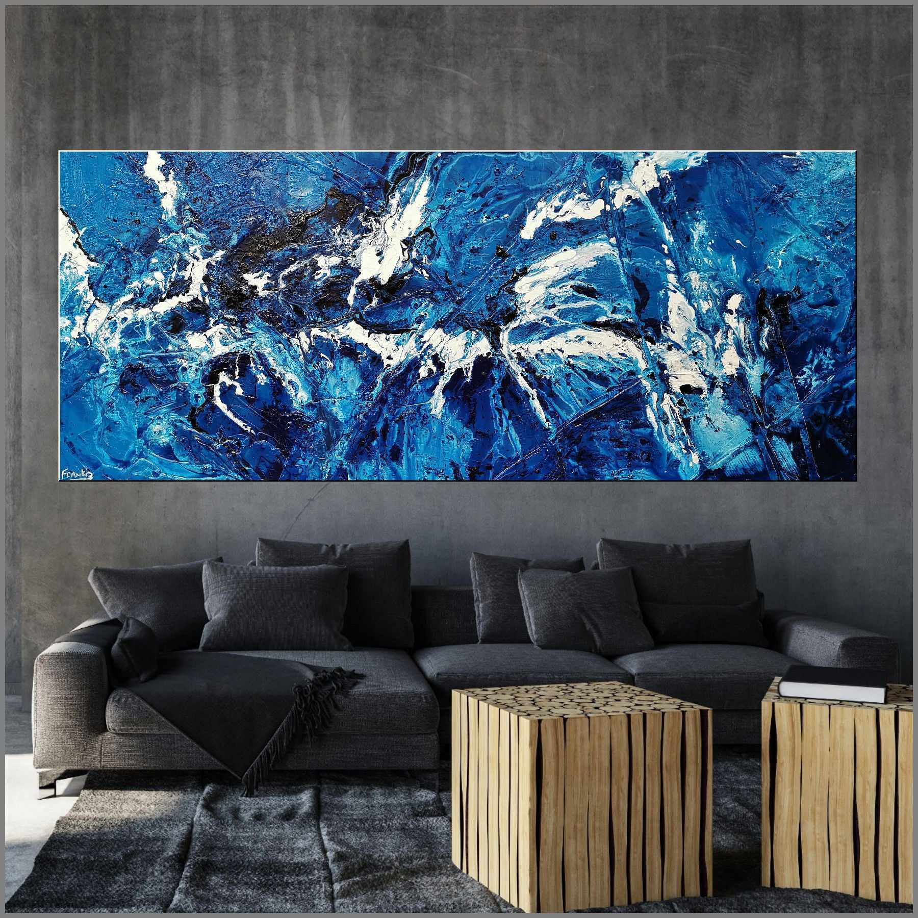 Molten Blue 240cm x 100cm Blue White Textured Abstract Painting (SOLD)-Abstract-Franko-[huge]-[Australian]-[best Selling]-Franklin Art Studio
