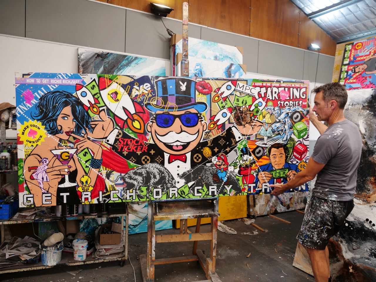 Money Never Sleeps 240cm x 100cm Monopoly Man Textured Urban Pop Art Painting (SOLD)-Urban Pop Art-[Franko Artist]-[The Block]-[Dream Homes]-[ideas]-Franklin Art Studio