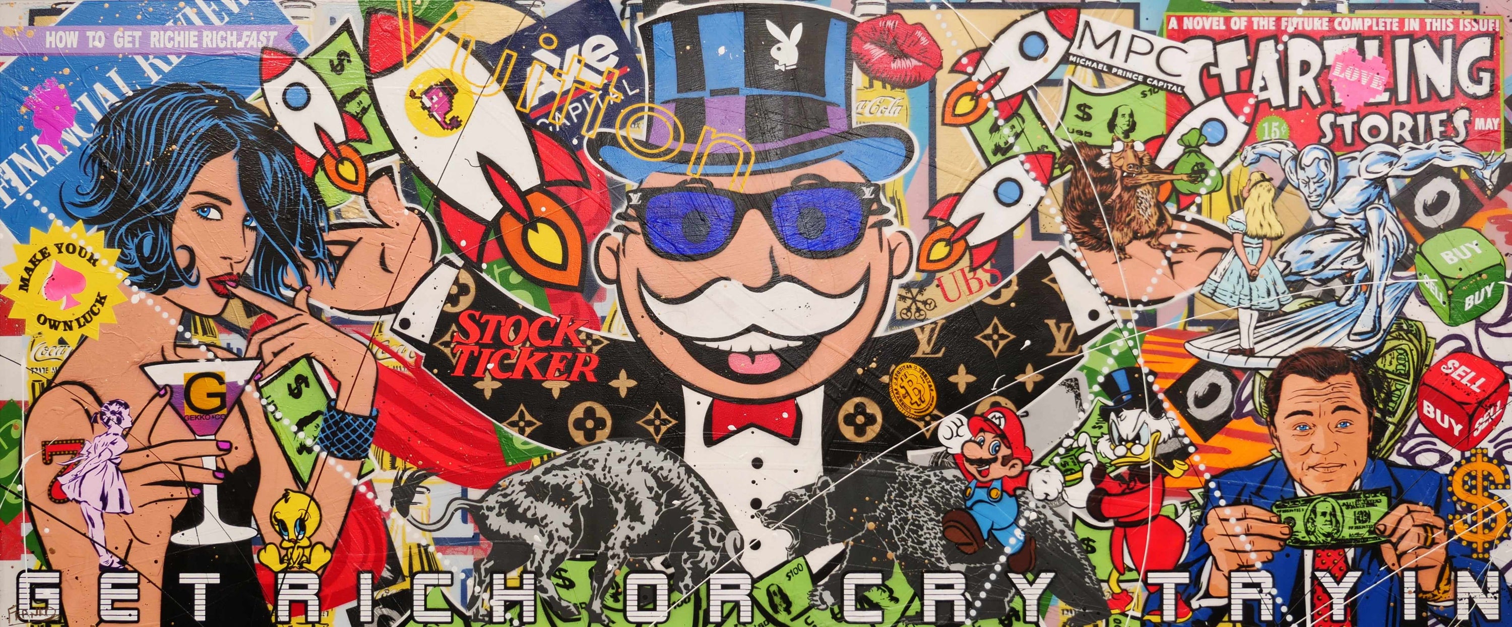Money Never Sleeps 240cm x 100cm Monopoly Man Textured Urban Pop Art Painting (SOLD)-Urban Pop Art-[Franko]-[Australian Artist]-[Large]-[Popular]-Franklin Art Studio