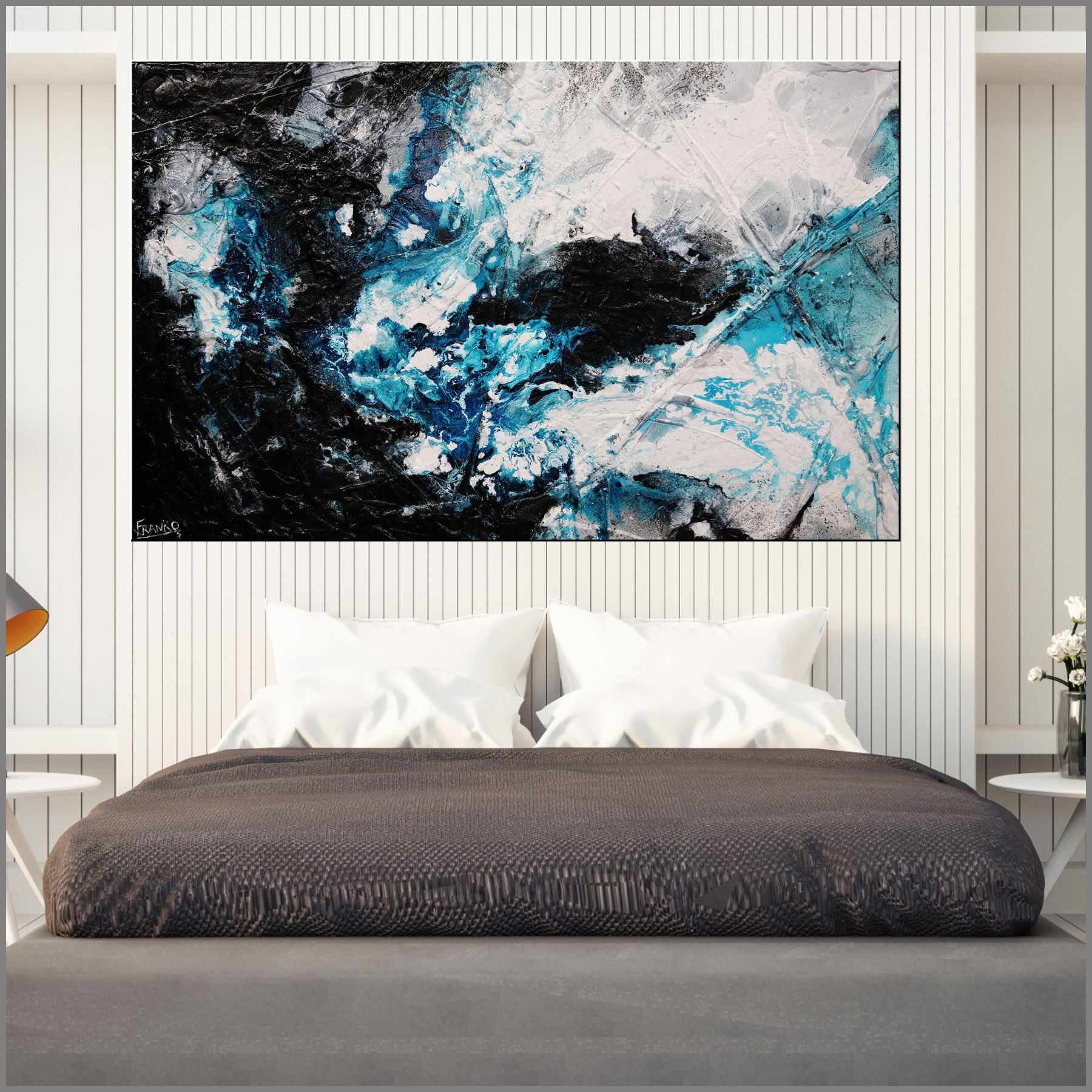 Moody Southern Ocean 140cm x 100cm Black Turquoise White Textured Abstract Painting-Abstract-Franko-[huge]-[Australian]-[best Selling]-Franklin Art Studio