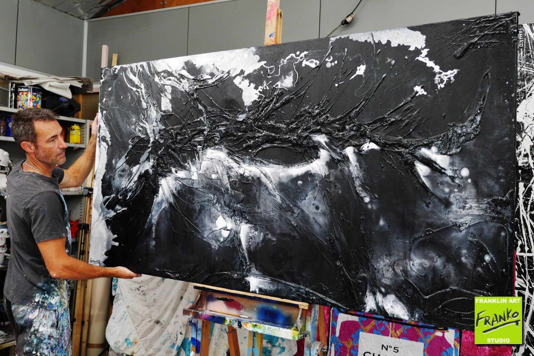 Moooooooo 190cm x 100cm White Black Textured Abstract Painting (SOLD)-Abstract-[Franko Artist]-[Gold Coast]-[Brisbane]-[Huge]-Franklin Art Studio