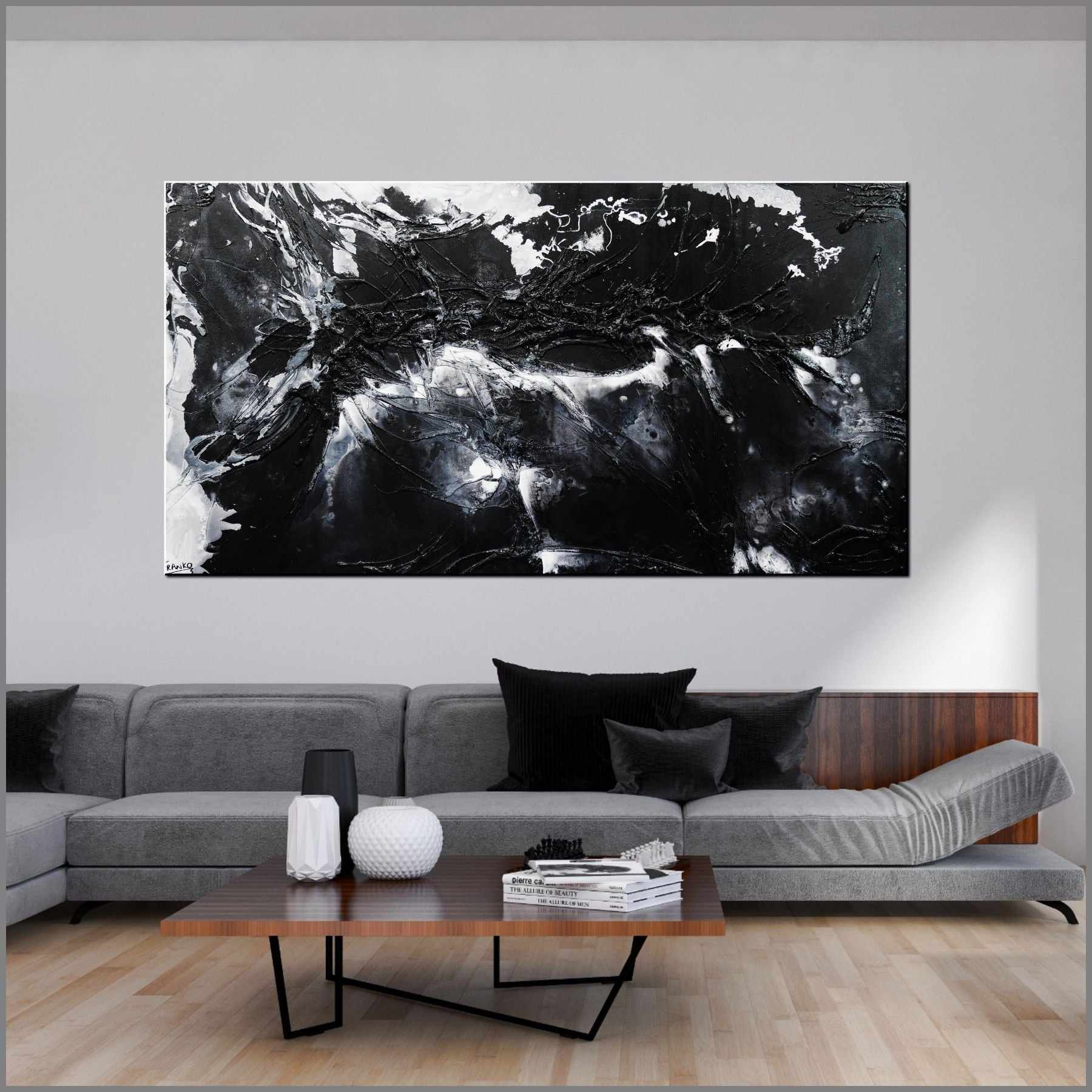 Moooooooo 190cm x 100cm White Black Textured Abstract Painting (SOLD)-Abstract-Franko-[Franko]-[huge_art]-[Australia]-Franklin Art Studio