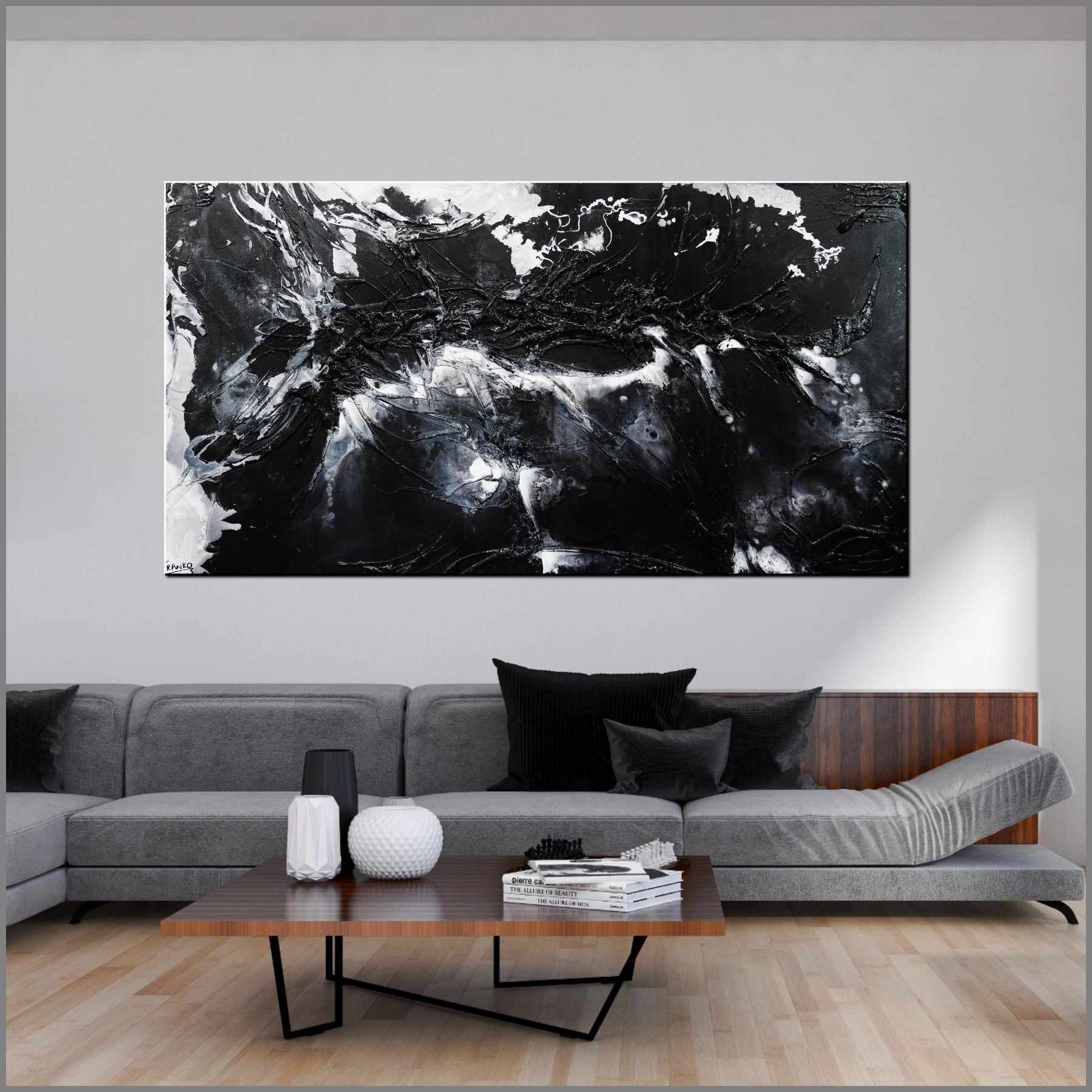 Moooooooo 190cm x 100cm White Black Textured Abstract Painting (SOLD)-Abstract-Franko-[huge]-[Australian]-[best Selling]-Franklin Art Studio