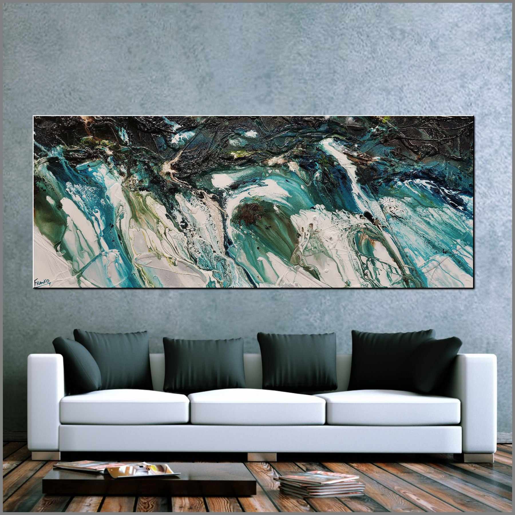 Natural Teals 200cm x 80cm Teal Textured Abstract Painting (SOLD)-Abstract-Franko-[Franko]-[huge_art]-[Australia]-Franklin Art Studio