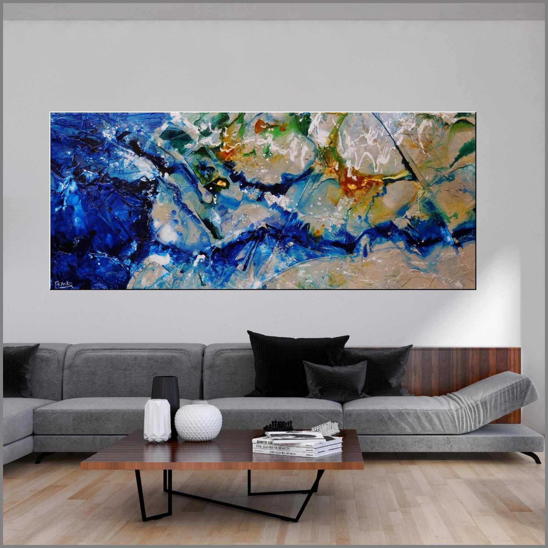 Natures Bloom 240cm x 100cm Blue Grey Green Textured Abstract Painting (SOLD)-Abstract-Franko-[Franko]-[huge_art]-[Australia]-Franklin Art Studio