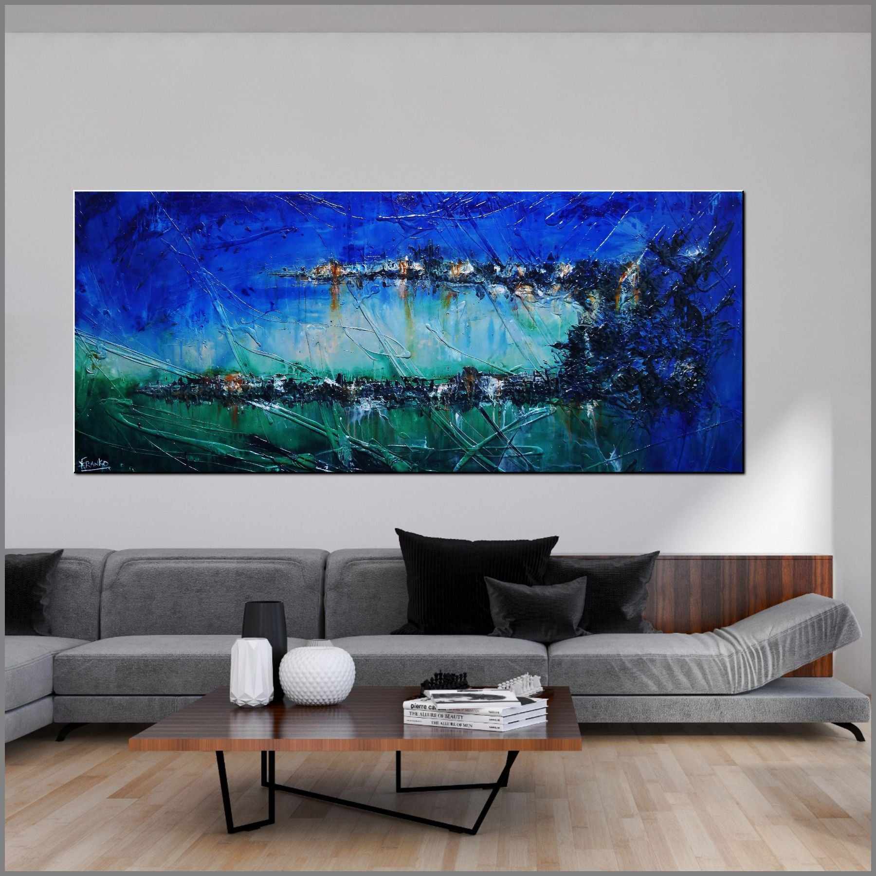 Natures Calling 240cm x 100cm Blue Green Textured Abstract Painting (SOLD)-Abstract-Franko-[Franko]-[huge_art]-[Australia]-Franklin Art Studio