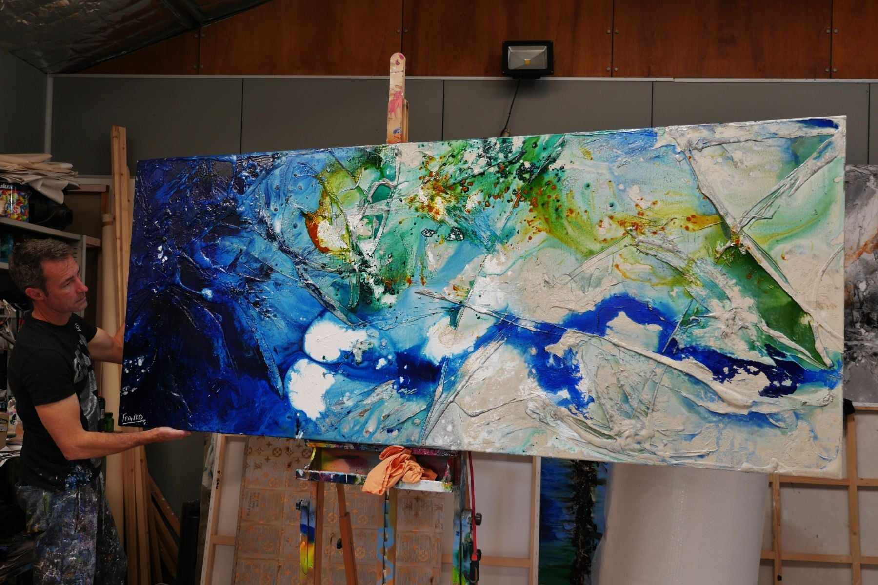 Natures Class 240cm x 100cm Blue White Green Textured Abstract Painting (SOLD)