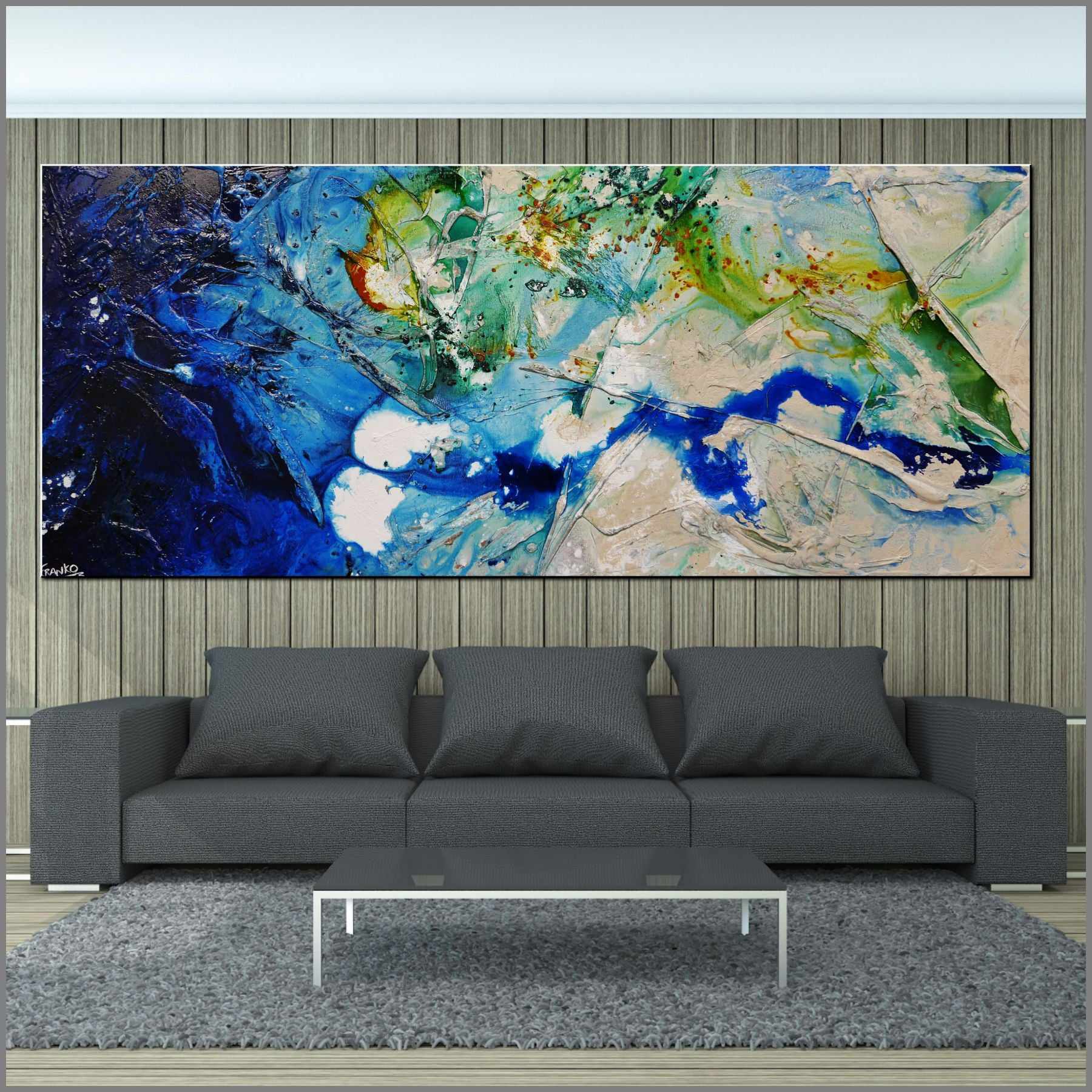 Natures Class 240cm x 100cm Blue White Green Textured Abstract Painting (SOLD)-Abstract-Franko-[Franko]-[huge_art]-[Australia]-Franklin Art Studio