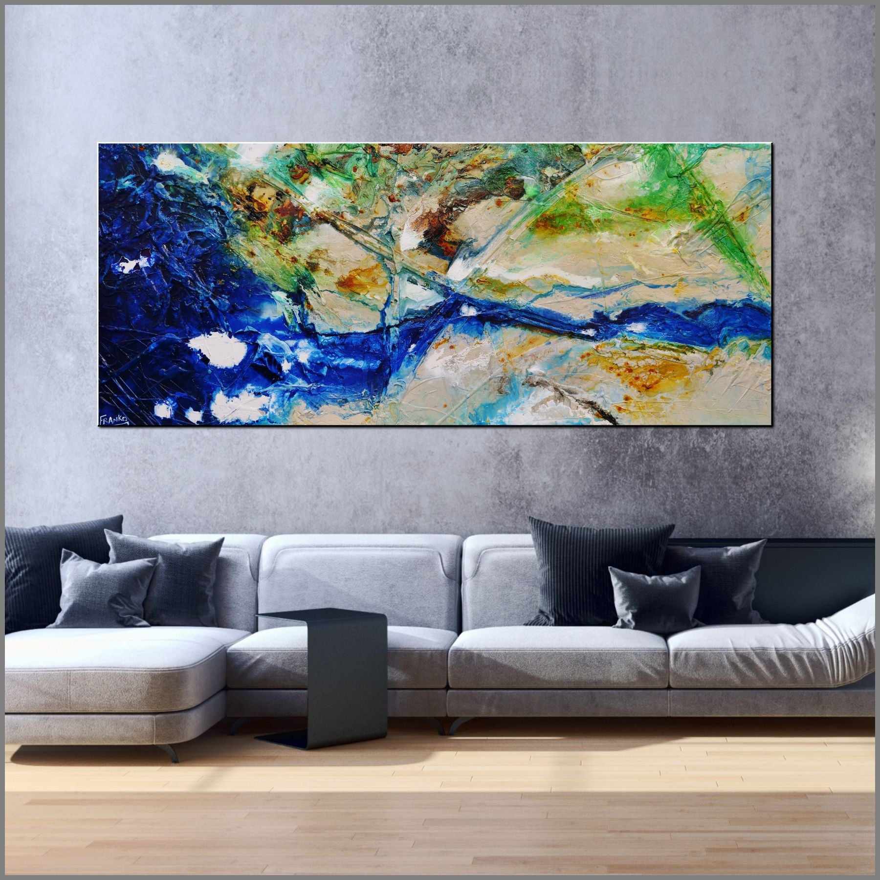 Natures Essence 240cm x 100cm Blue Cream Green Textured Abstract Painting (SOLD)-Abstract-Franko-[Franko]-[huge_art]-[Australia]-Franklin Art Studio