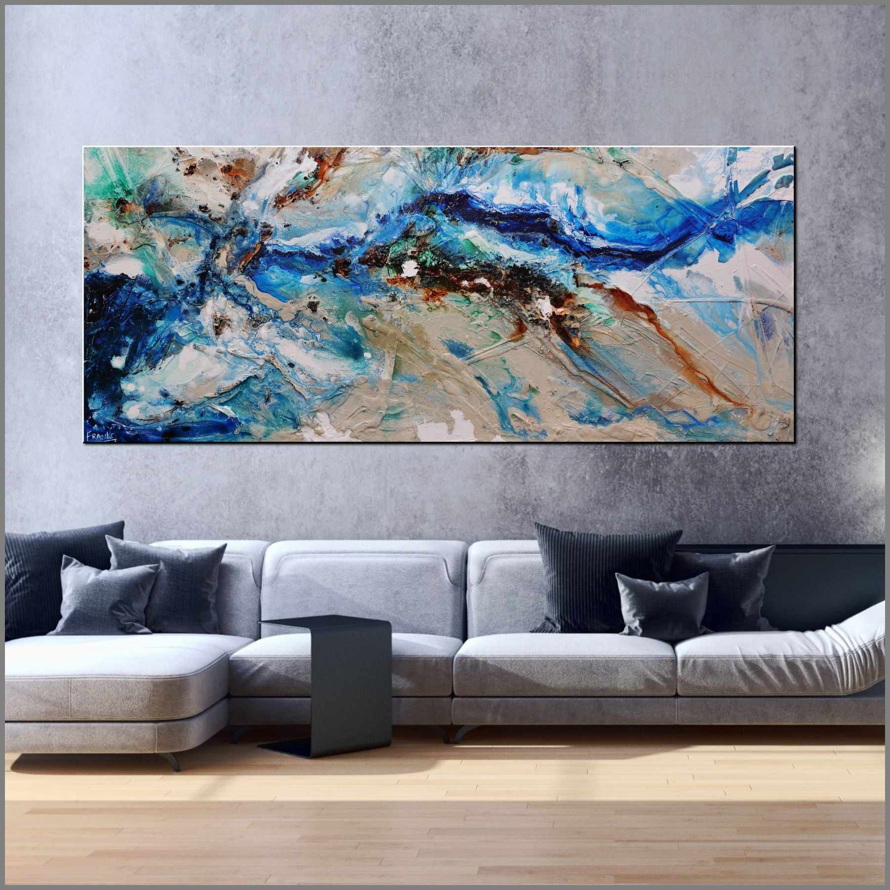 Natures Grace 240cm x 100cm Blue Cream Oxide Textured Abstract Painting (SOLD)-Abstract-Franko-[huge]-[Australian]-[best Selling]-Franklin Art Studio