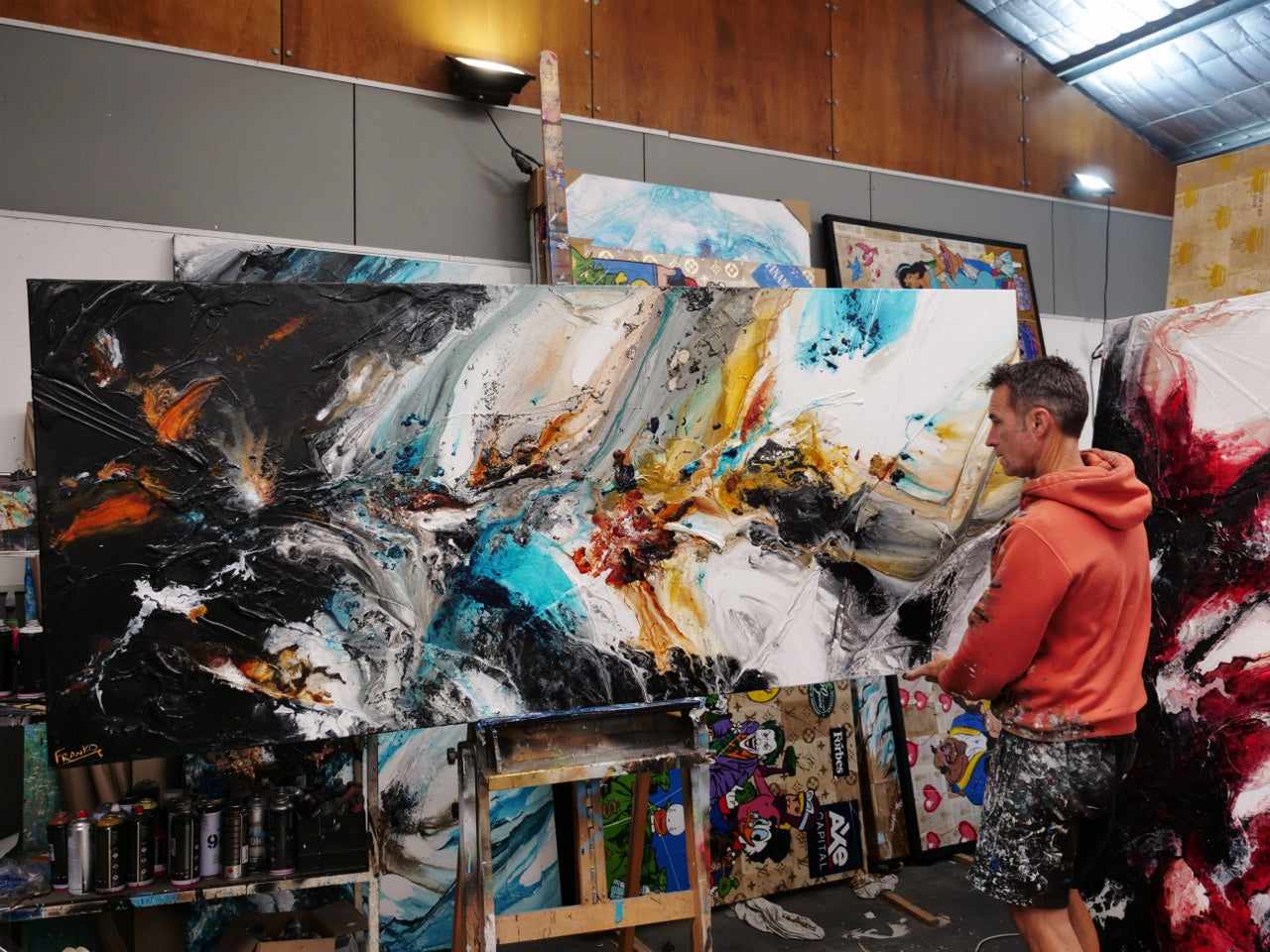 Natures Potion 240cm x 100cm Black White Teal Sienna Textured Abstract Painting (SOLD)-Abstract-[Franko Artist]-[The Block]-[Dream Homes]-[ideas]-Franklin Art Studio
