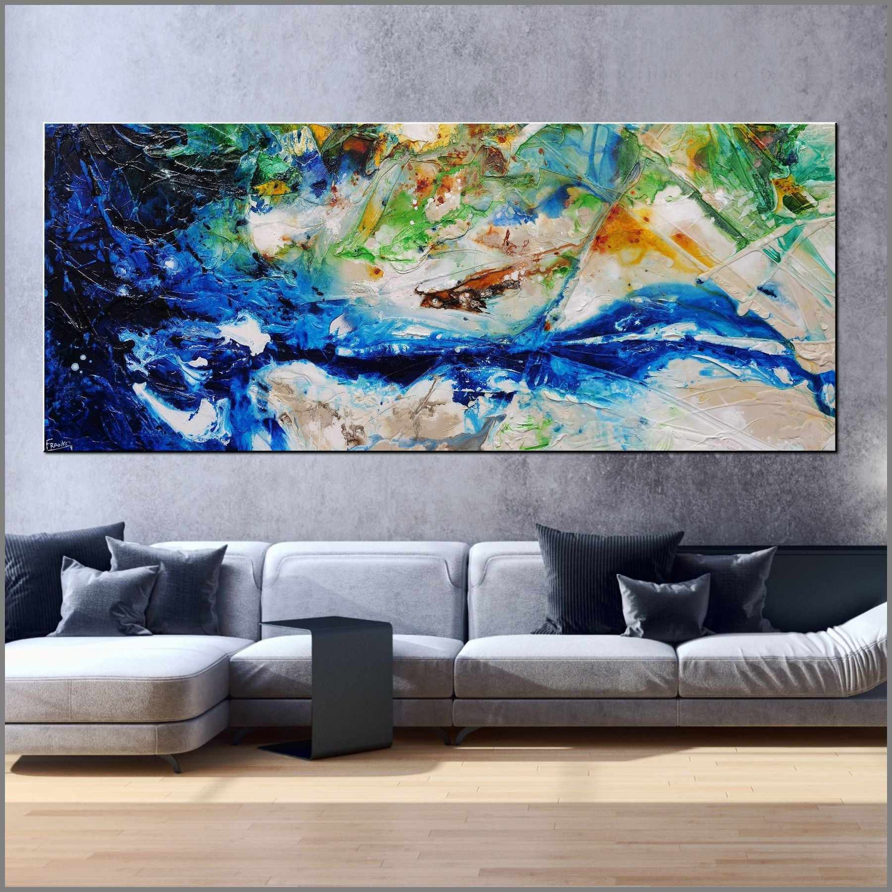 Natures Sugar 240cm x 100cm Green Cream Blue Textured Abstract Painting (SOLD)-Abstract-Franko-[Franko]-[huge_art]-[Australia]-Franklin Art Studio