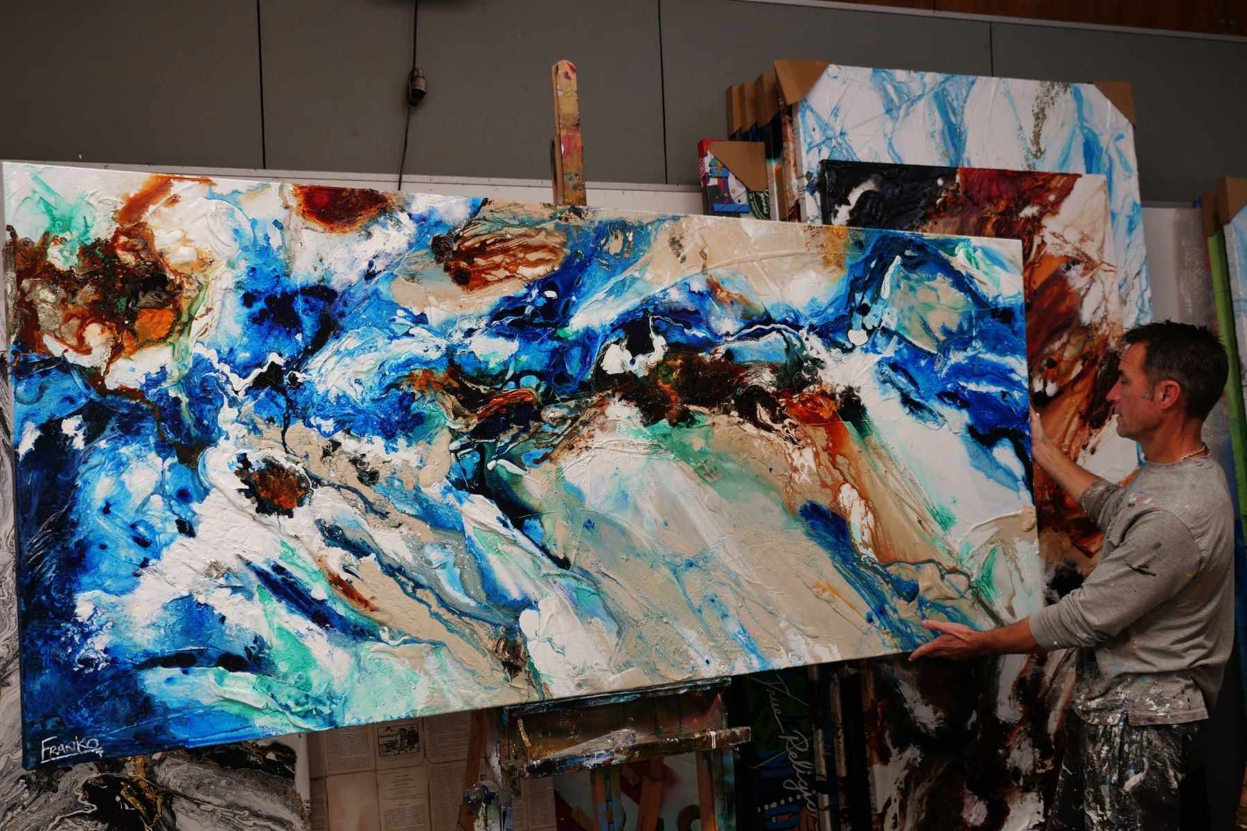 Natures Vice 240cm x 100cm Blue Cream Textured Abstract Painting (SOLD)-Abstract-Franko-[franko_art]-[beautiful_Art]-[The_Block]-Franklin Art Studio