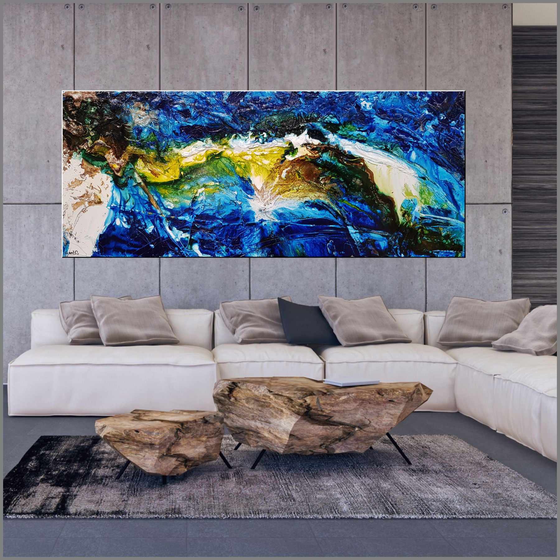 Natures Wealth 240cm x 100cm Blue Green Textured Abstract Painting (SOLD)-Abstract-Franko-[Franko]-[huge_art]-[Australia]-Franklin Art Studio