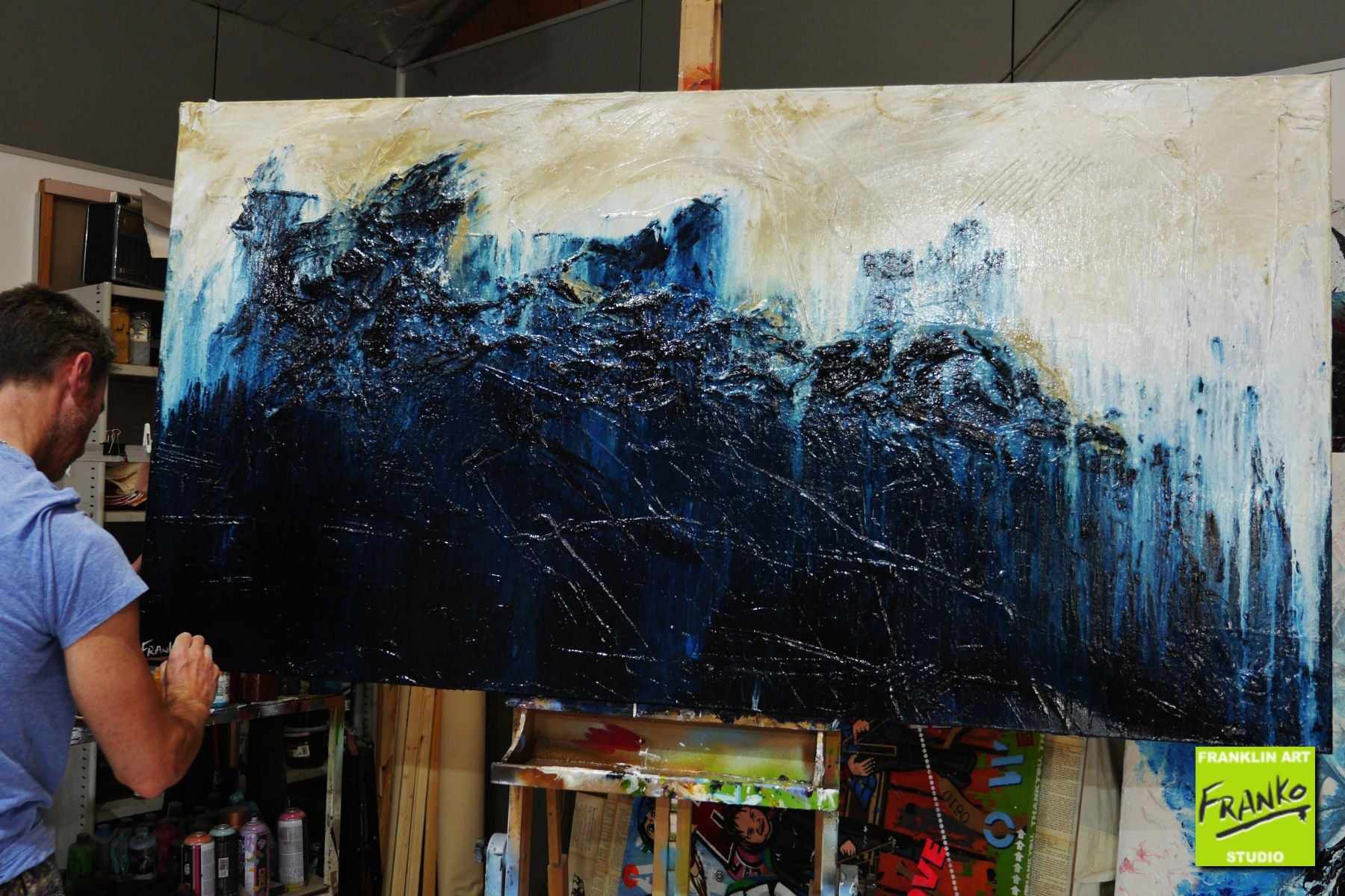 Navy After Glow 190cm x 100cm Blue Cream Textured Abstract Painting (SOLD)-Abstract-Franko-[franko_artist]-[Art]-[interior_design]-Franklin Art Studio