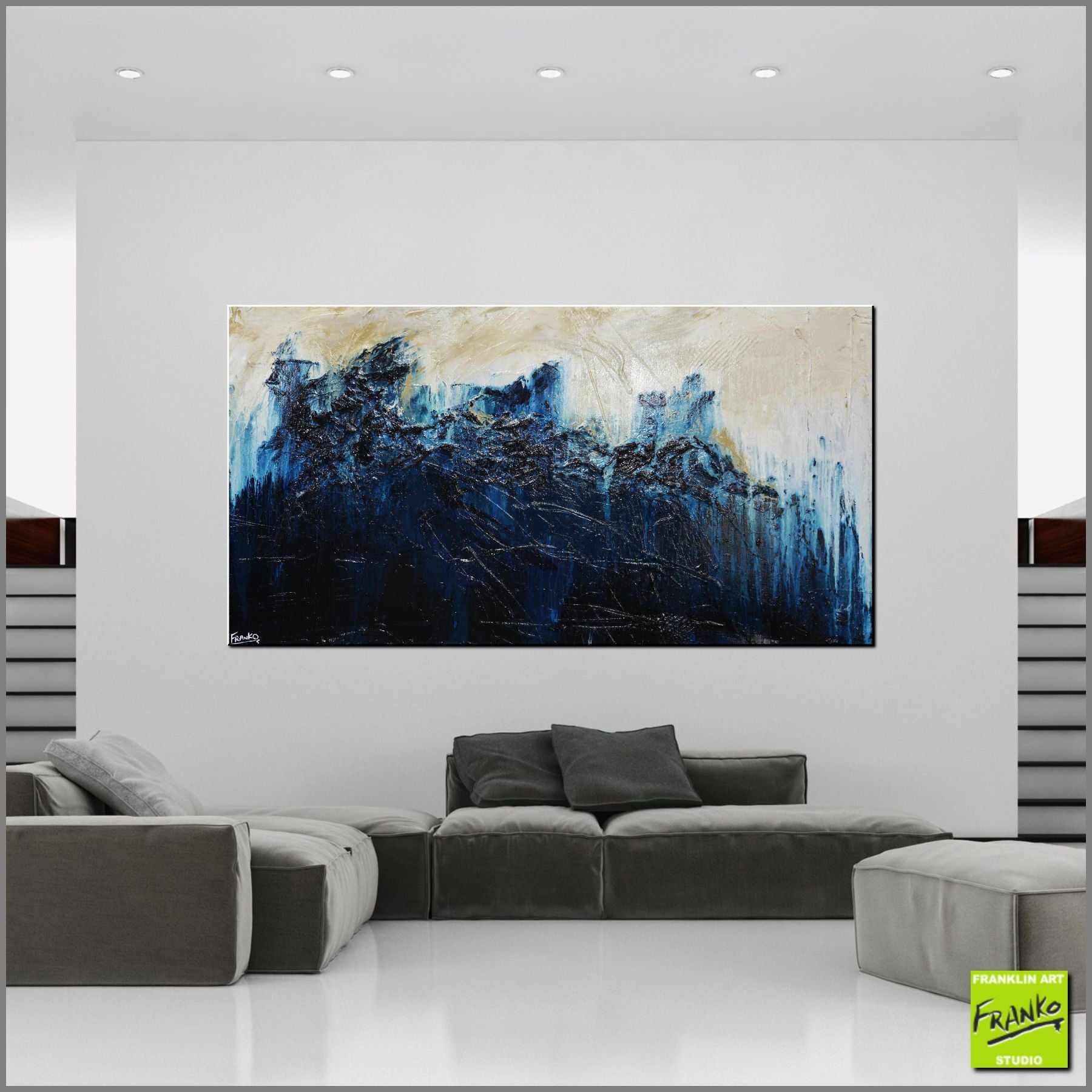Navy After Glow 190cm x 100cm Blue Cream Textured Abstract Painting (SOLD)-Abstract-Franko-[Franko]-[huge_art]-[Australia]-Franklin Art Studio