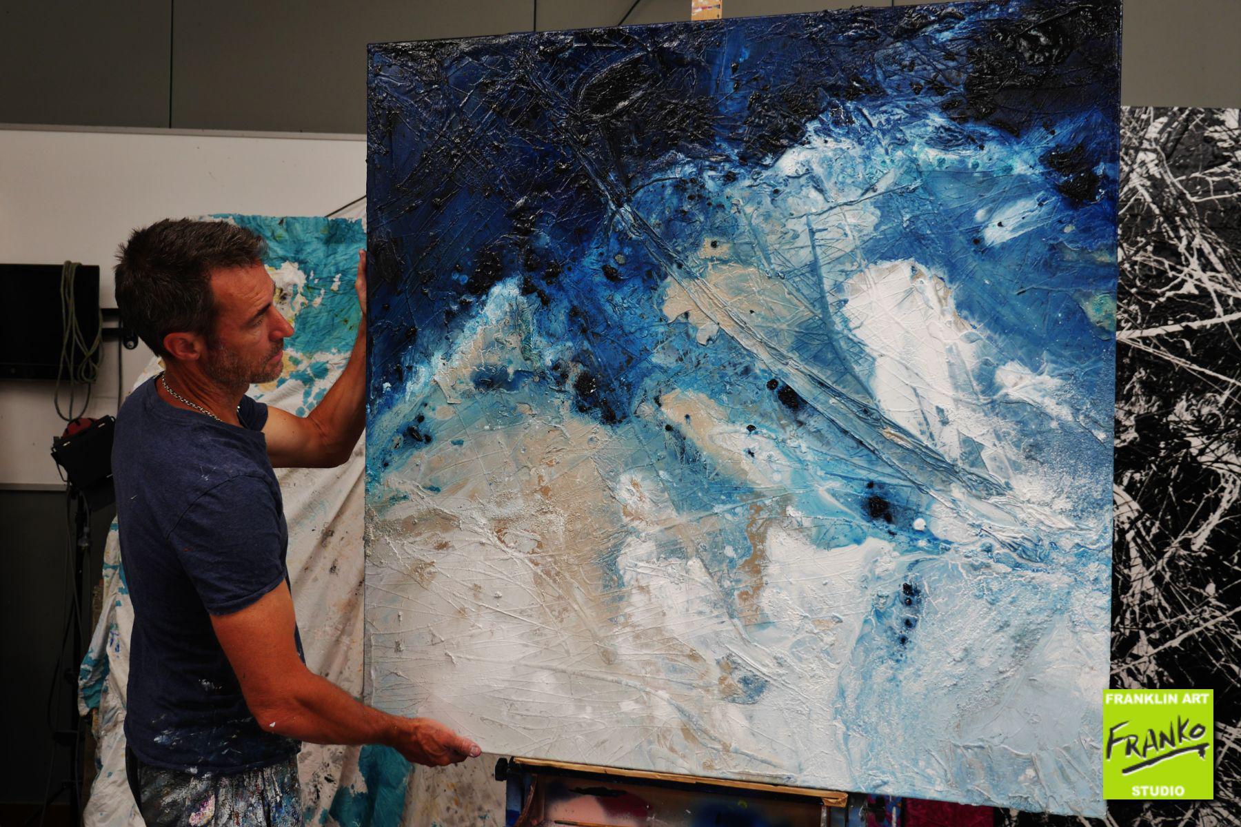 Navy Silk 120cm x 120cm White Cream Blue Textured Abstract Painting (SOLD)-Abstract-Franko-[franko_artist]-[Art]-[interior_design]-Franklin Art Studio