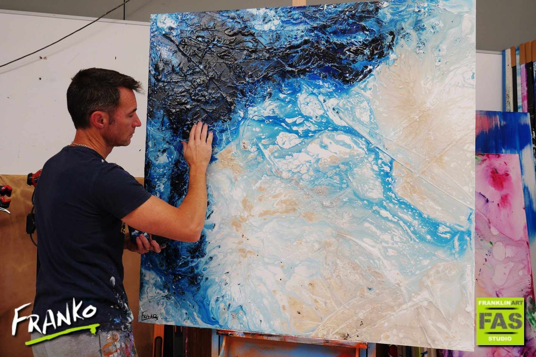 Navy Washed 120cm x 120cm White Blue Abstract Painting (SOLD)-abstract-[Franko Artist]-[Gold Coast]-[Brisbane]-[Huge]-Franklin Art Studio