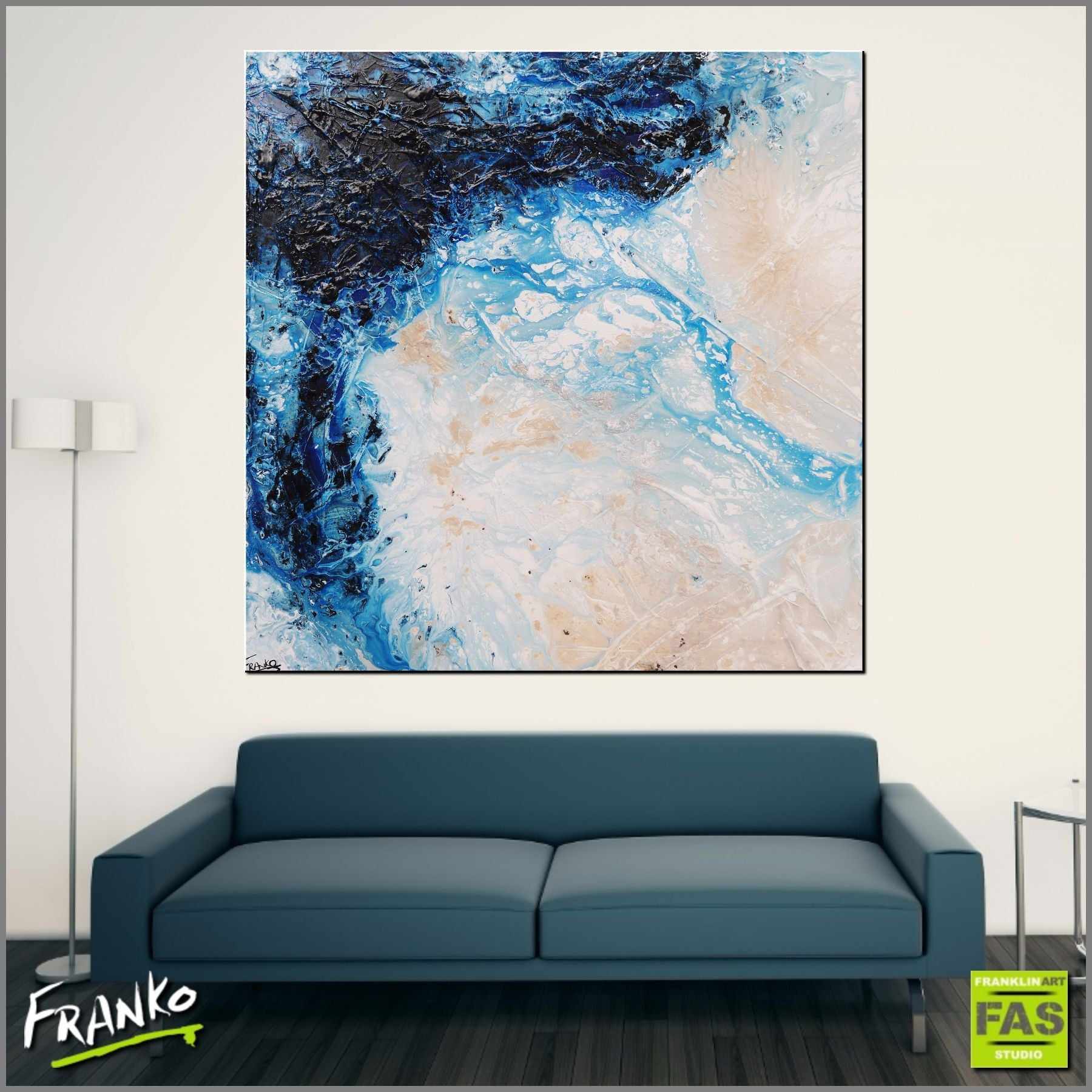 Navy Washed 120cm x 120cm White Blue Abstract Painting (SOLD)-abstract-Franko-[huge]-[Australian]-[best Selling]-Franklin Art Studio