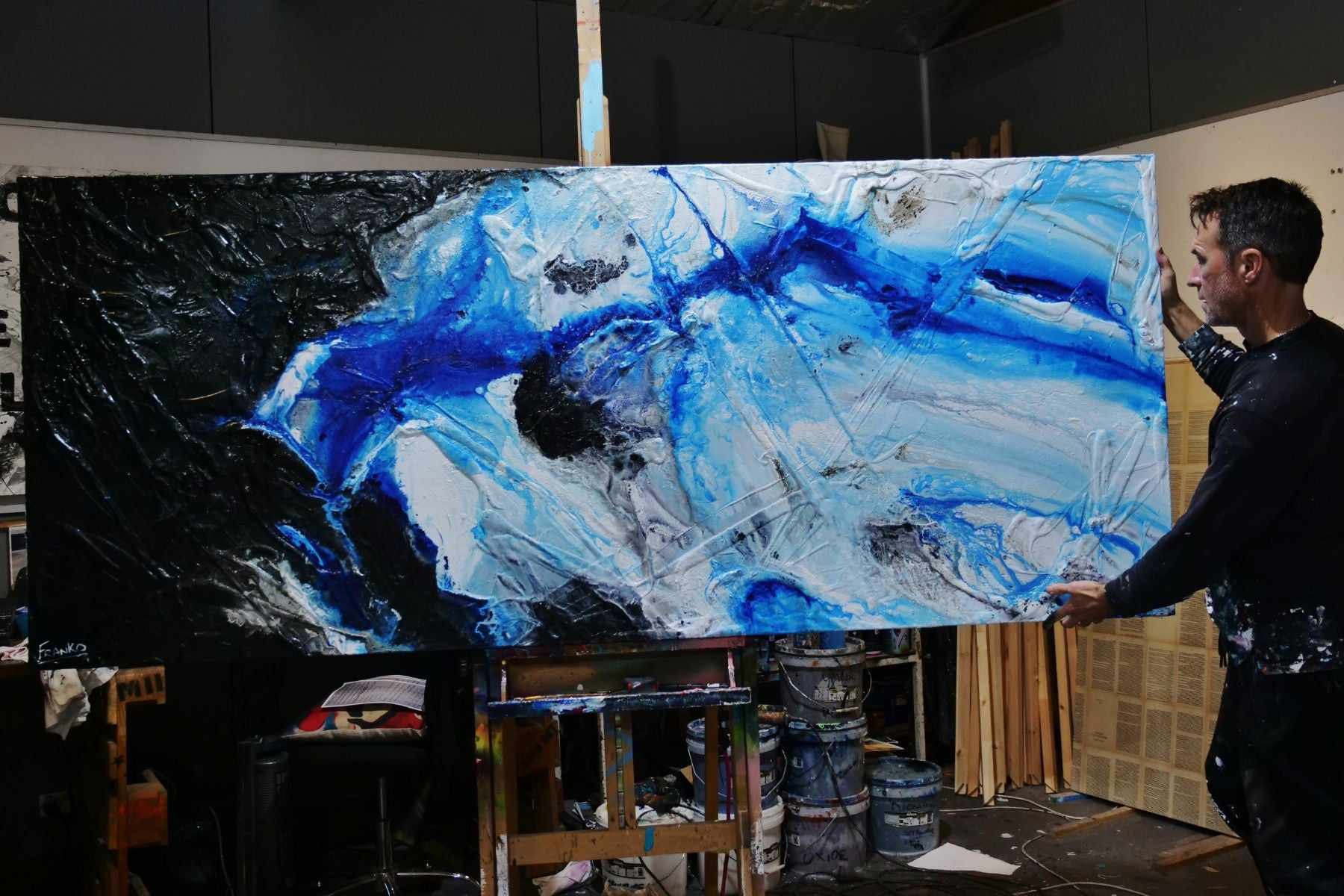 Nomadic Blue 240cm x 100cm Black Blue Textured Abstract Painting (SOLD)-Abstract-Franko-[franko_artist]-[Art]-[interior_design]-Franklin Art Studio