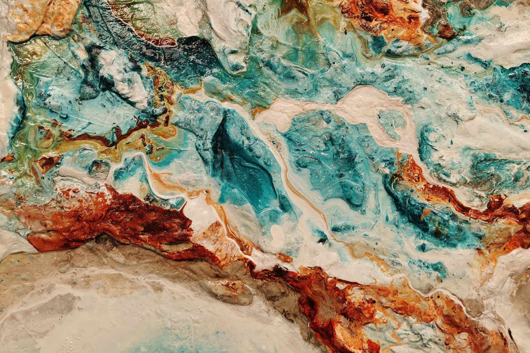 Ocean Surf Mist 240cm x 120cm Turquoise Rust White Textured Abstract Painting (SOLD)