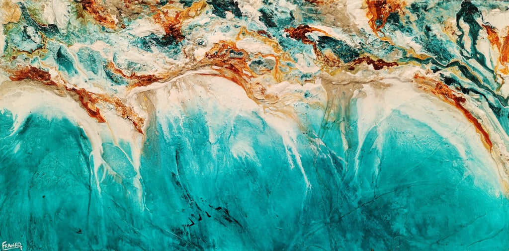 Ocean Surf Mist 240cm x 120cm Turquoise Rust White Textured Abstract Painting (SOLD)-Abstract-Franko-[Franko]-[Australia_Art]-[Art_Lovers_Australia]-Franklin Art Studio