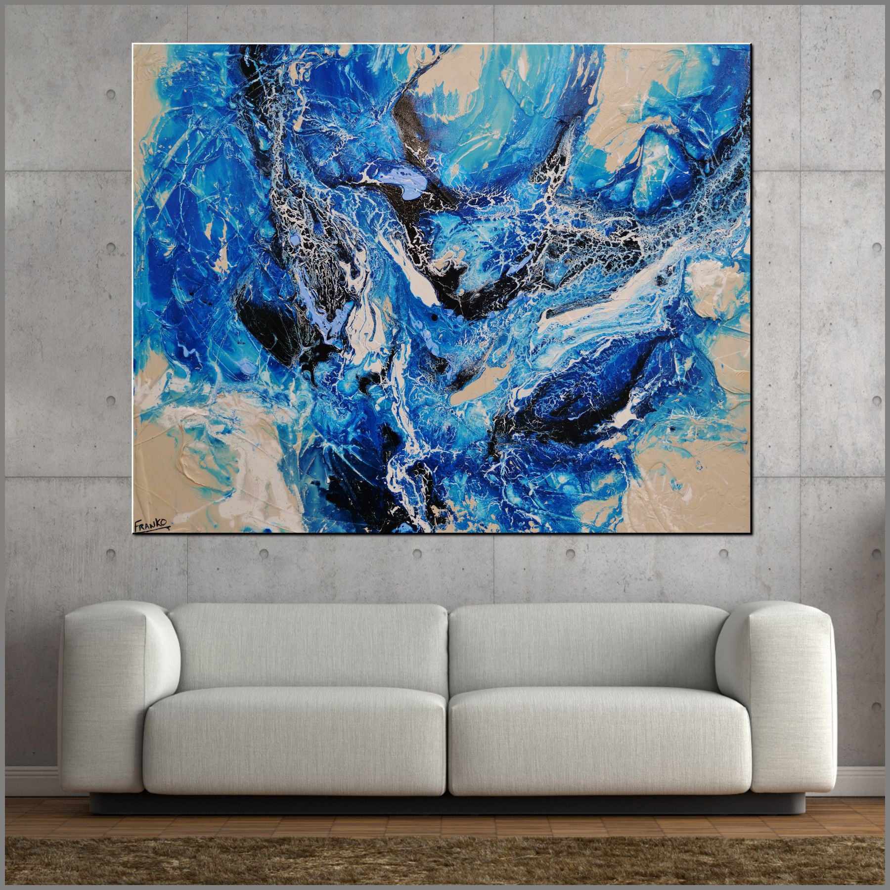 Oceanic Currents 140cm x 180cm Blue Cream Textured Abstract Painting (SOLD)-Abstract-Franko-[Franko]-[huge_art]-[Australia]-Franklin Art Studio