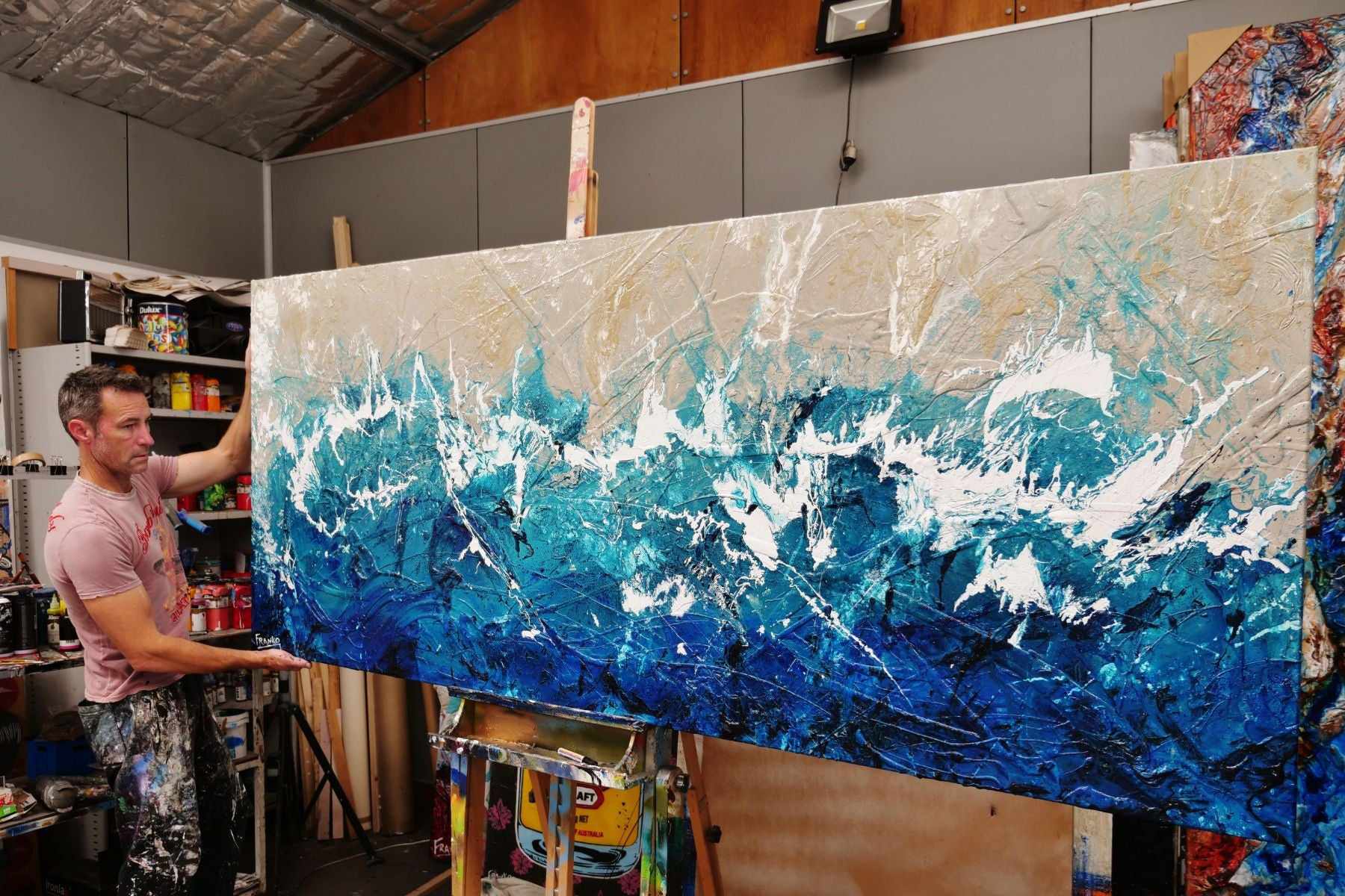 Oceanic Grace 240cm x 100cm Cream Turquoise Textured Abstract Painting (SOLD)-Abstract-Franko-[franko_art]-[beautiful_Art]-[The_Block]-Franklin Art Studio