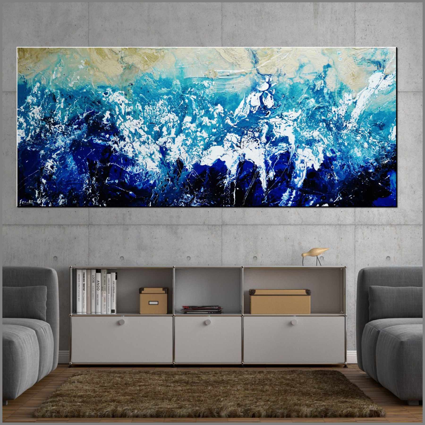 Oceanic Substance 240cm x 100cm Blue Cream White Textured Abstract Painting (SOLD)-Abstract-Franko-[huge]-[Australian]-[best Selling]-Franklin Art Studio