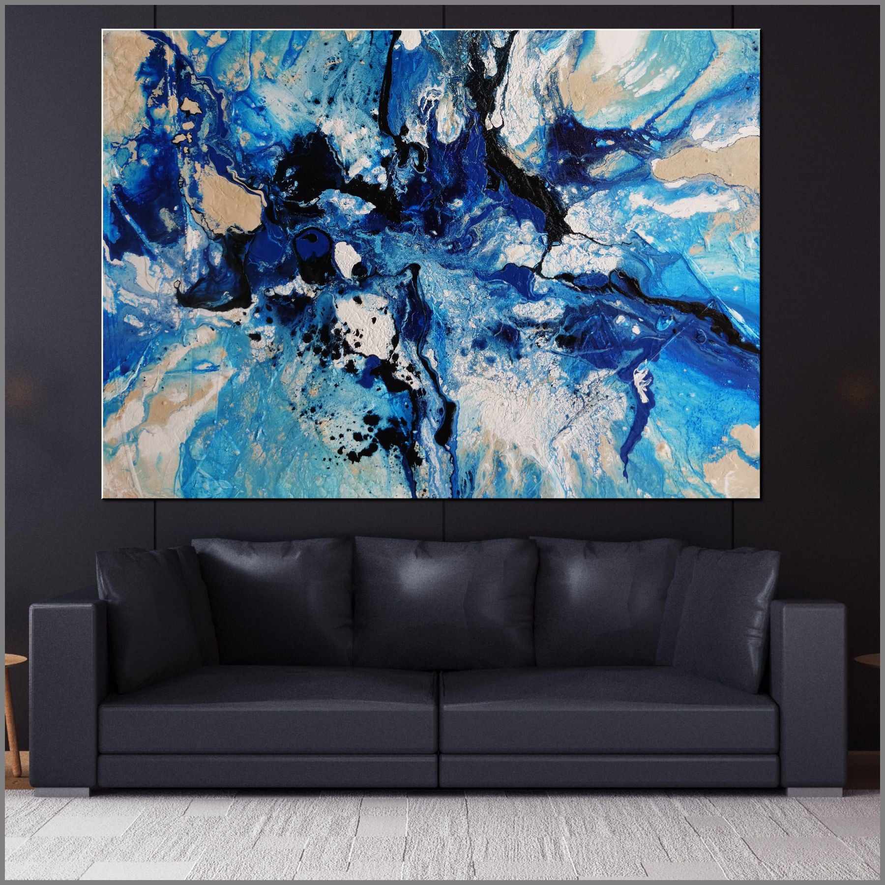 Oceans 140cm x 100cm Blue Cream Textured Abstract Painting (SOLD)-Abstract-Franko-[franko_artist]-[Art]-[interior_design]-Franklin Art Studio