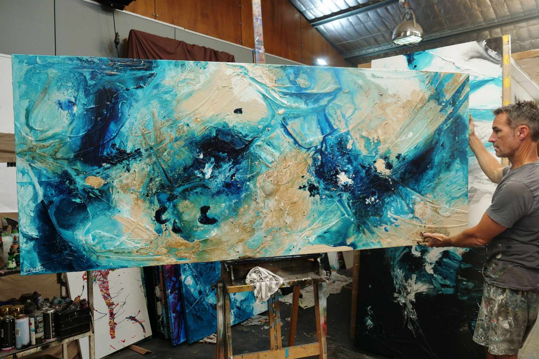 Oceans 240cm x 100cm Teal Cream Textured Abstract Painting (SOLD)-Abstract-Franko-[franko_art]-[beautiful_Art]-[The_Block]-Franklin Art Studio