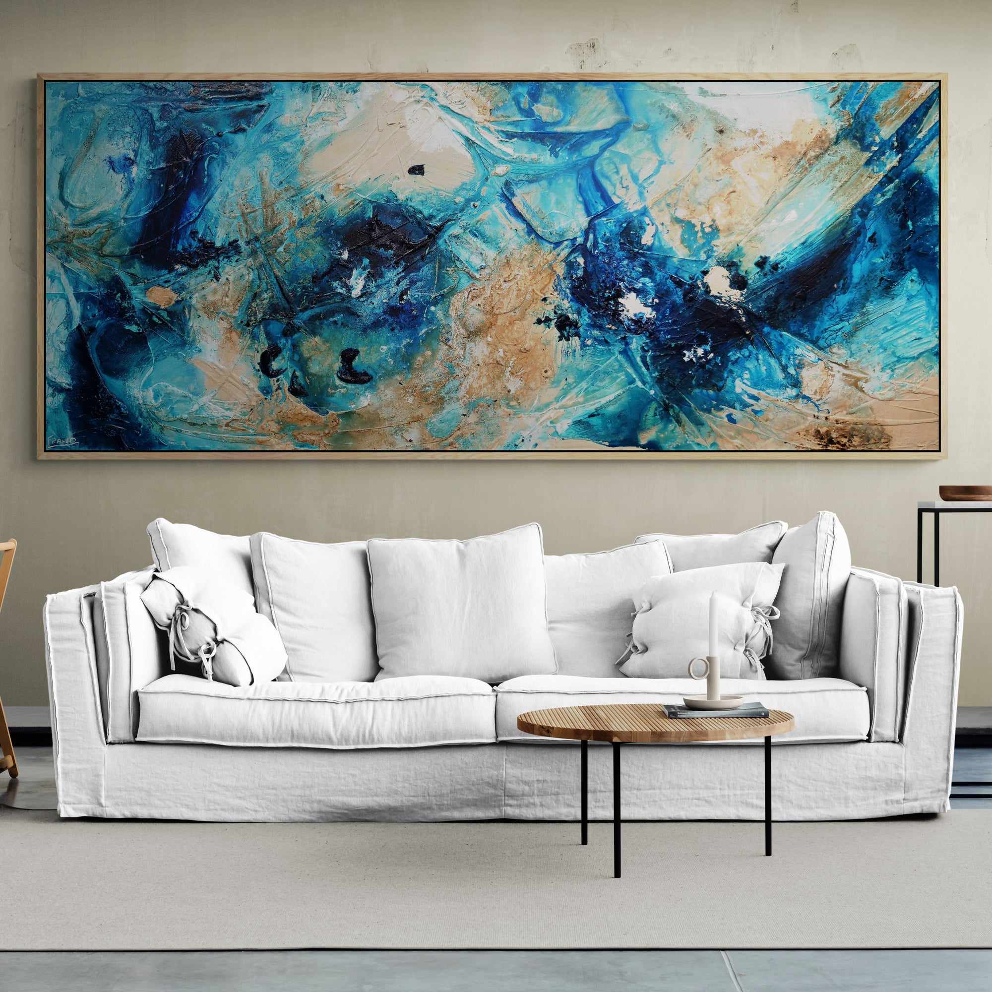 Oceans 240cm x 100cm Teal Cream Textured Abstract Painting (SOLD)-Abstract-[Franko]-[Artist]-[Australia]-[Painting]-Franklin Art Studio