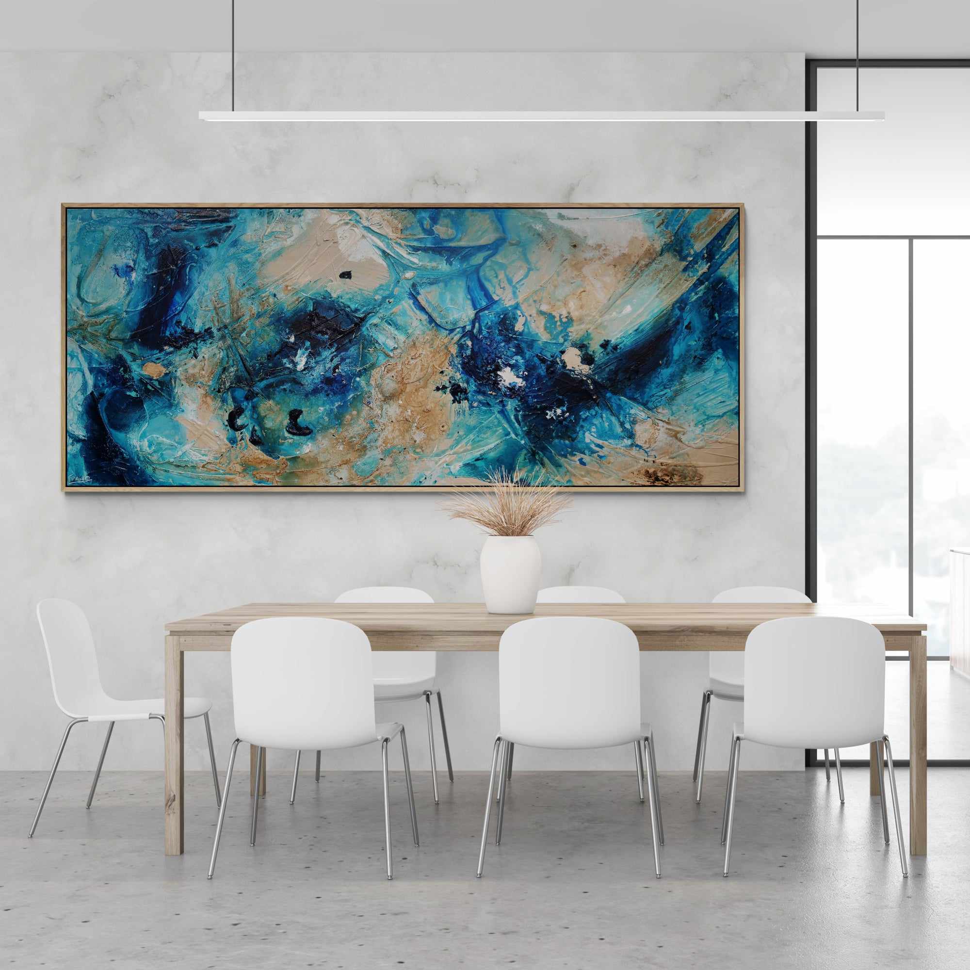 Oceans 240cm x 100cm Teal Cream Textured Abstract Painting (SOLD)