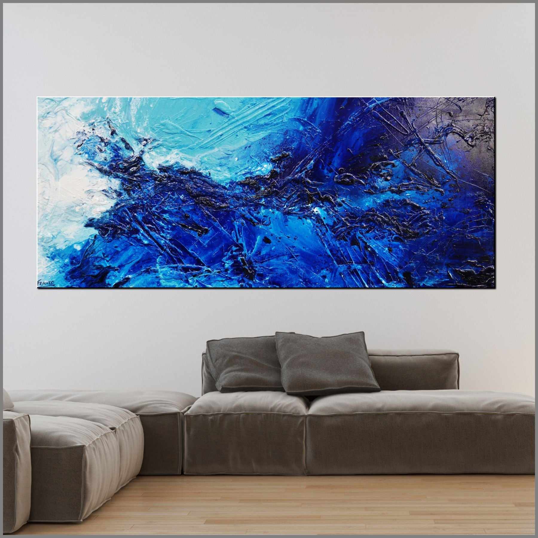 Oceans Oasis 240cm x 100cm Blue Textured Abstract Painting (SOLD)-Abstract-Franko-[Franko]-[huge_art]-[Australia]-Franklin Art Studio