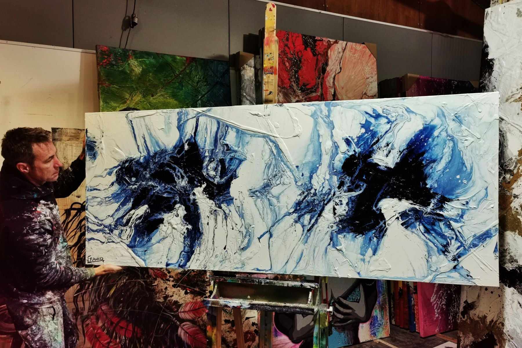 Opposing Midnights 200cm x 80cm Blue White Textured Abstract Painting (SOLD)-Abstract-Franko-[franko_artist]-[Art]-[interior_design]-Franklin Art Studio