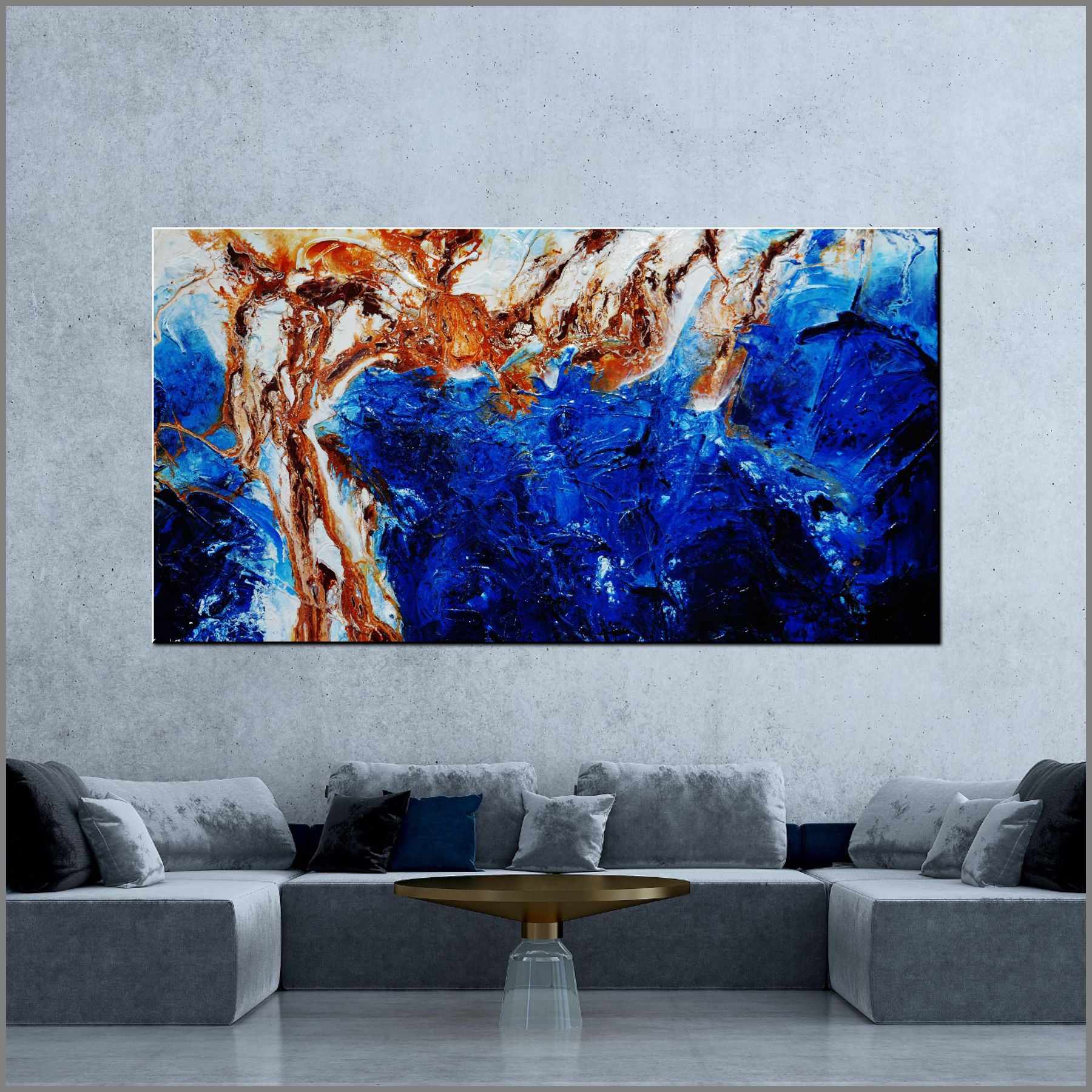 Opulent Blu 190cm x 100cm Blue White Brown Textured Abstract Painting (SOLD)-Abstract-Franko-[Franko]-[huge_art]-[Australia]-Franklin Art Studio