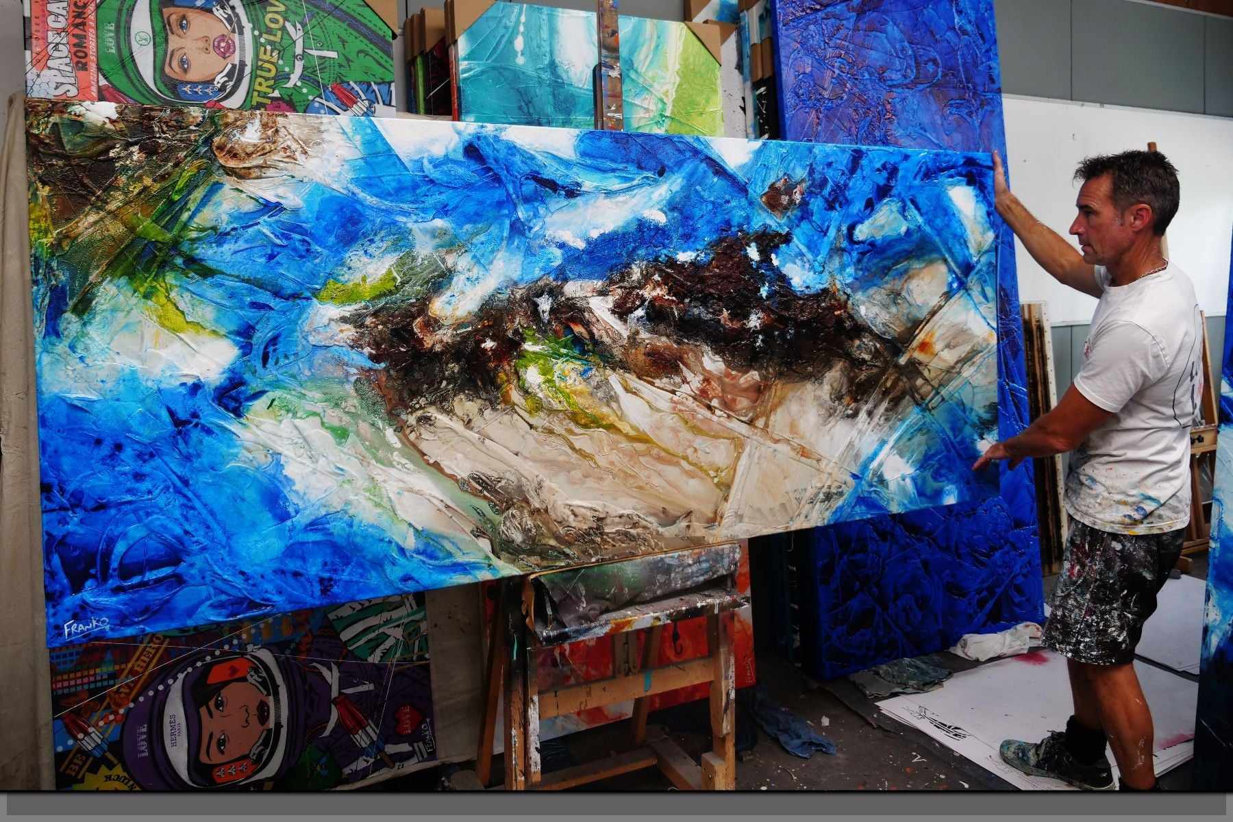 Outback Aquatic 240cm x 100cm Blue Brown Textured Abstract Painting (SOLD)-Abstract-Franko-[franko_art]-[beautiful_Art]-[The_Block]-Franklin Art Studio