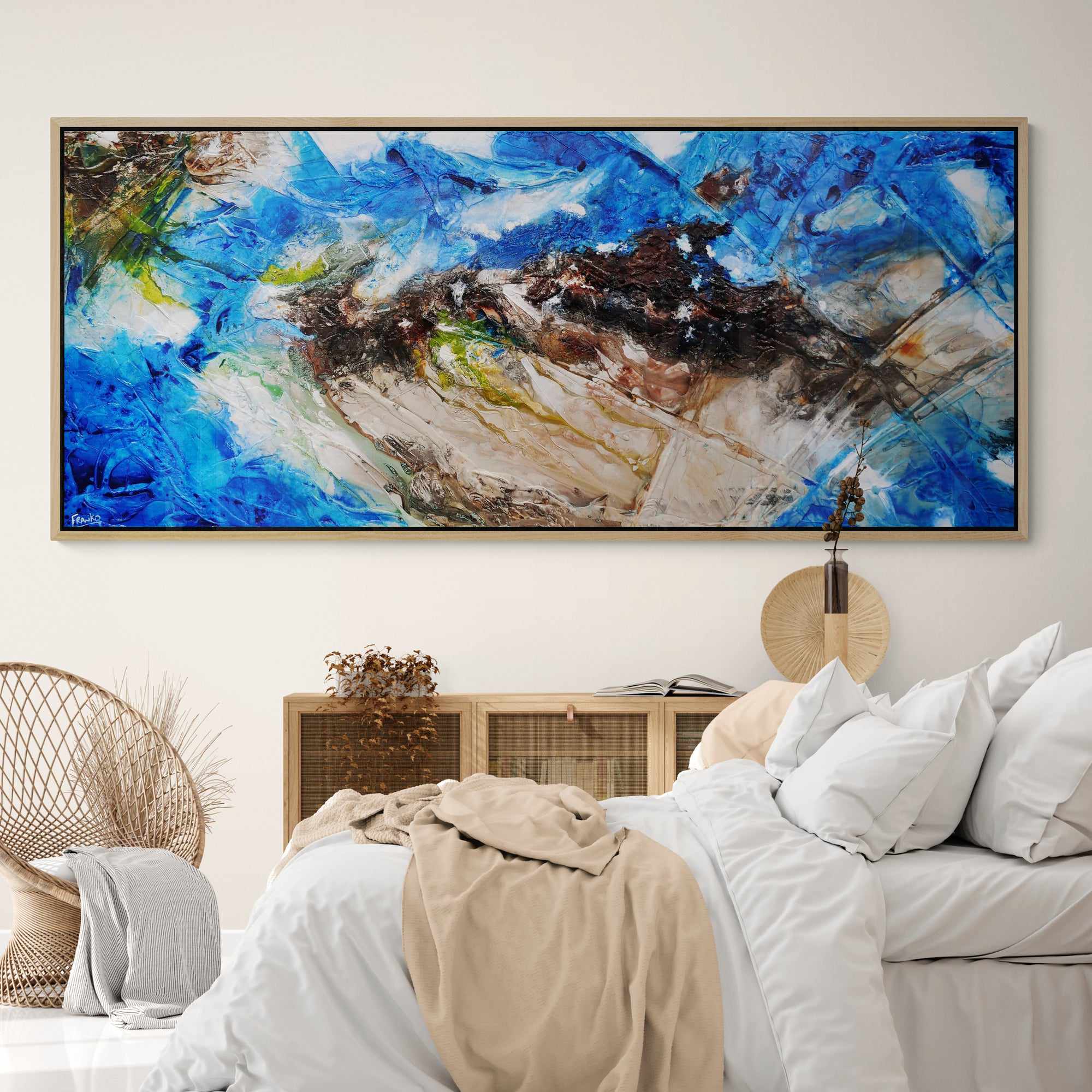 Outback Aquatic 240cm x 100cm Blue Brown Textured Abstract Painting (SOLD)-Abstract-Franko-[Franko]-[huge_art]-[Australia]-Franklin Art Studio