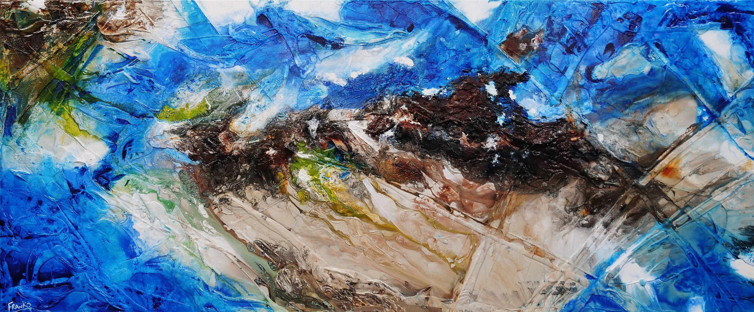 Outback Aquatic 240cm x 100cm Blue Brown Textured Abstract Painting (SOLD)-Abstract-Franko-[Franko]-[Australia_Art]-[Art_Lovers_Australia]-Franklin Art Studio
