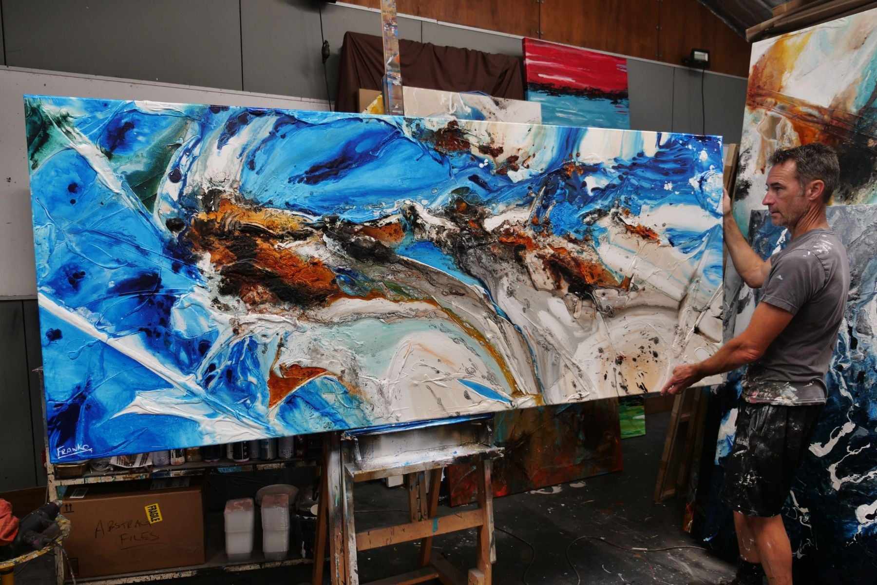 Outback Resonance 240cm x 100cm Blue Cream Textured Abstract Painting-Abstract-Franko-[franko_artist]-[Art]-[interior_design]-Franklin Art Studio