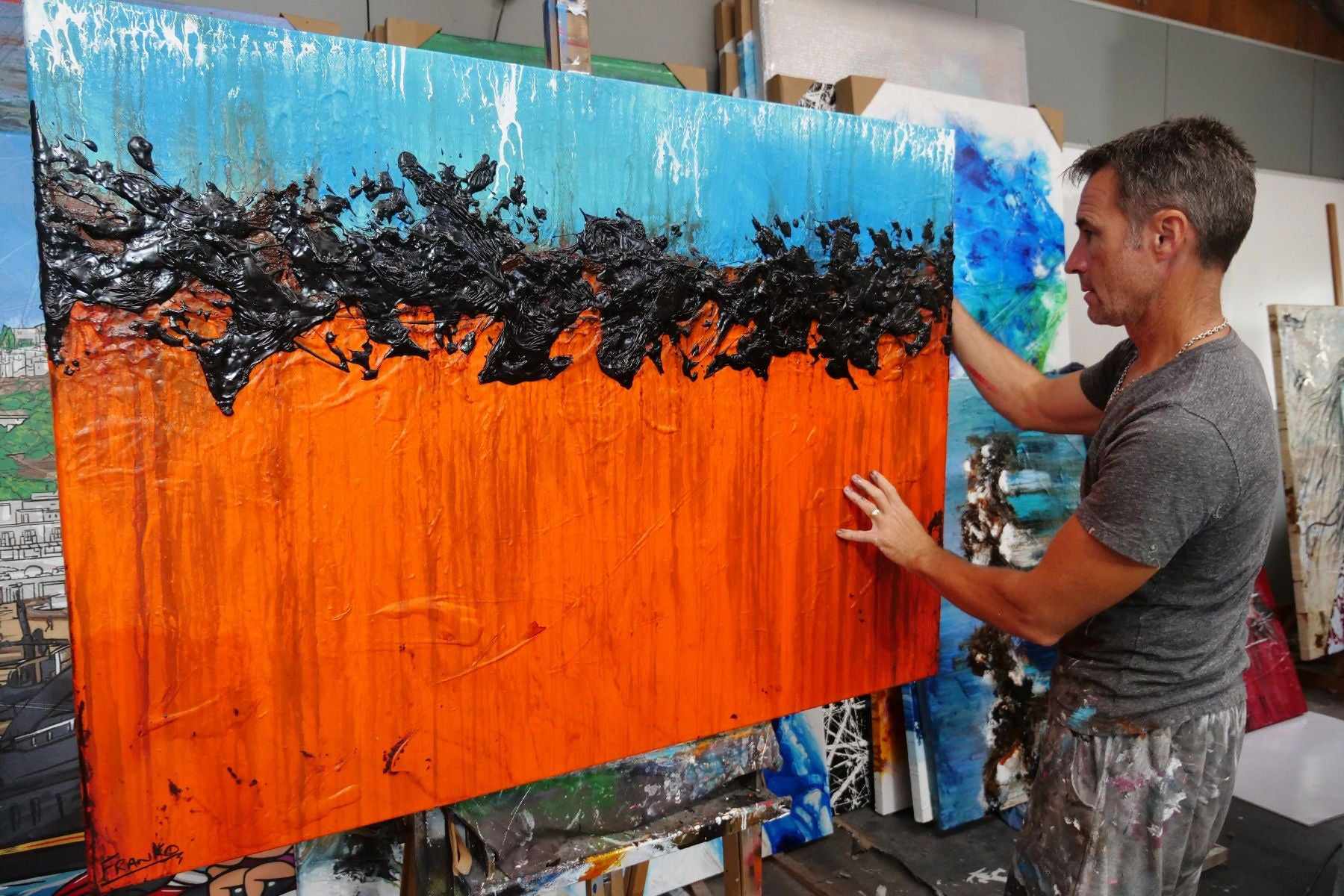 Outback Tango 140cm x 100cm Blue Orange Textured Abstract Painting (SOLD)-Abstract-[Franko Artist]-[Gold Coast]-[Brisbane]-[Huge]-Franklin Art Studio
