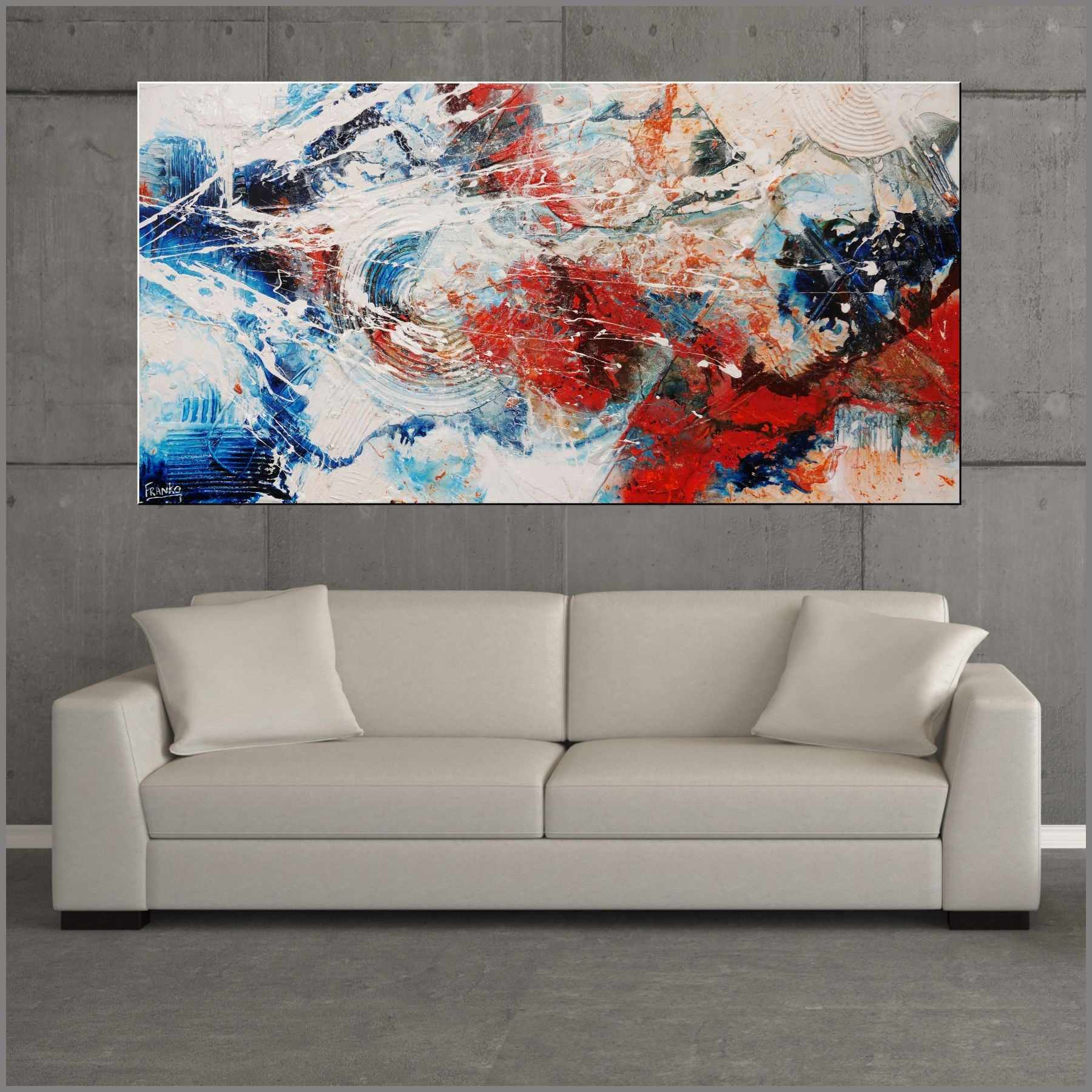 Overlanding 190cm x 100cm White Orange Blue Textured Abstract Painting (SOLD)-Abstract-Franko-[Franko]-[huge_art]-[Australia]-Franklin Art Studio