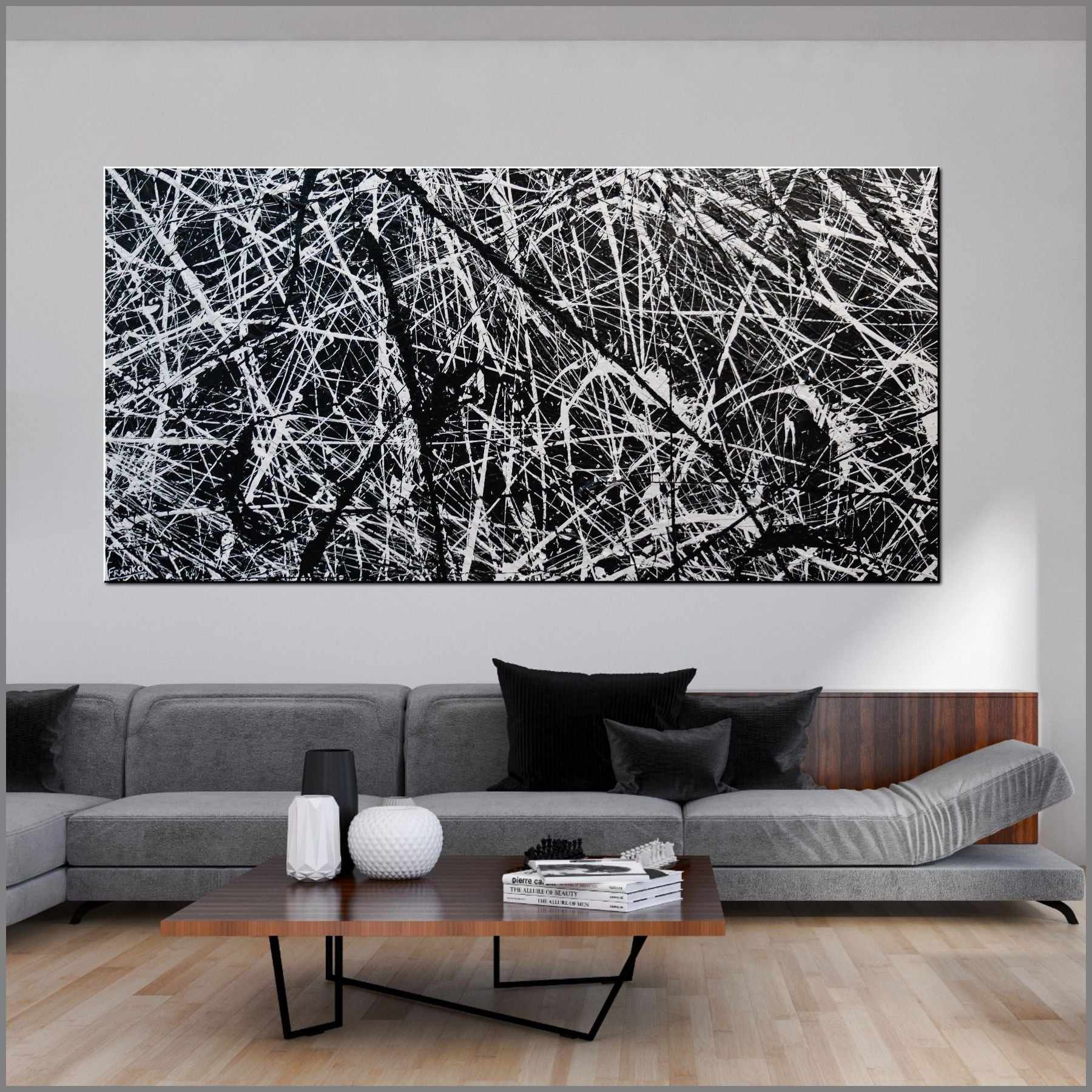 Overload 240cm x 120cm White Black Textured Abstract Painting (SOLD)-Abstract-Franko-[Franko]-[huge_art]-[Australia]-Franklin Art Studio