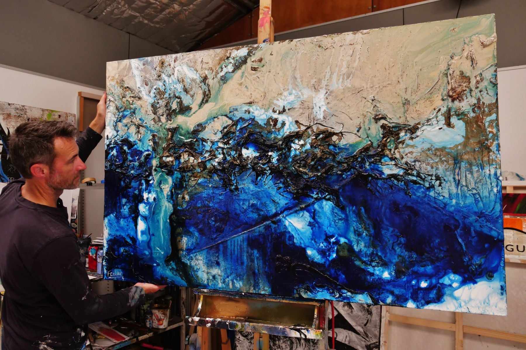 Oyster Cove 160cm x 100cm Blue Cream Textured Abstract Painting (SOLD)-Abstract-[Franko Artist]-[Gold Coast]-[Brisbane]-[Huge]-Franklin Art Studio
