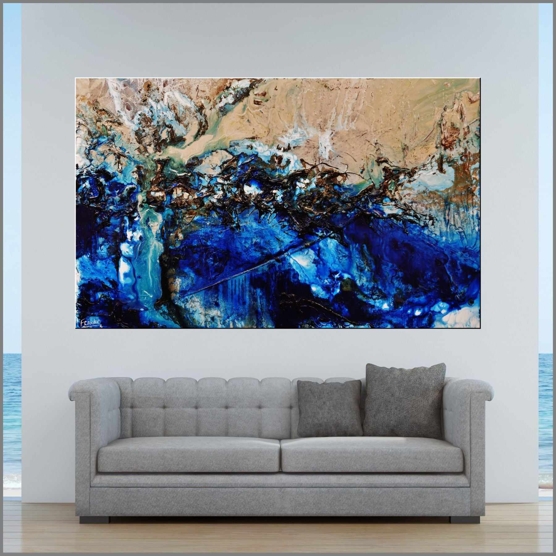Oyster Cove 160cm x 100cm Blue Cream Textured Abstract Painting (SOLD)-Abstract-Franko-[huge]-[Australian]-[best Selling]-Franklin Art Studio