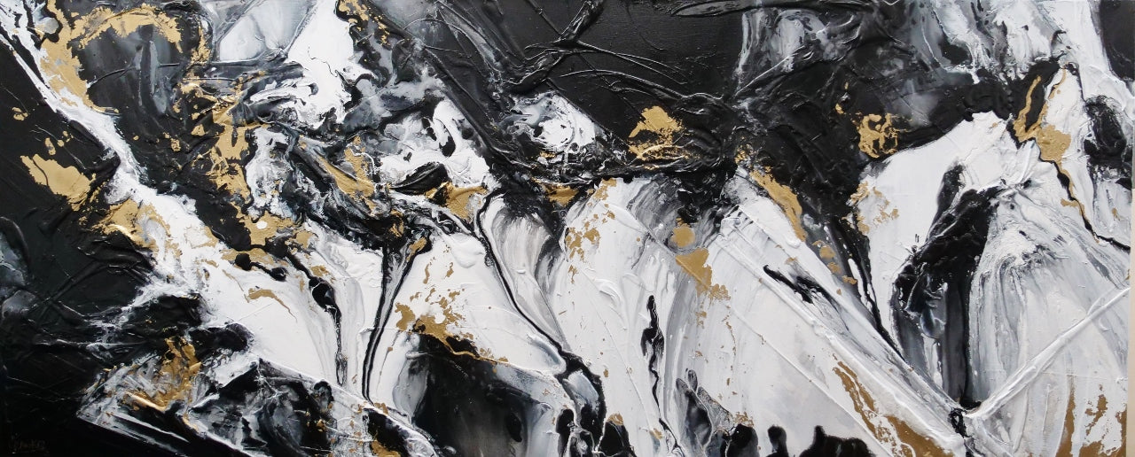 Gold Riches 240cm x 100cm Black Metallic Gold White Textured Abstract Painting