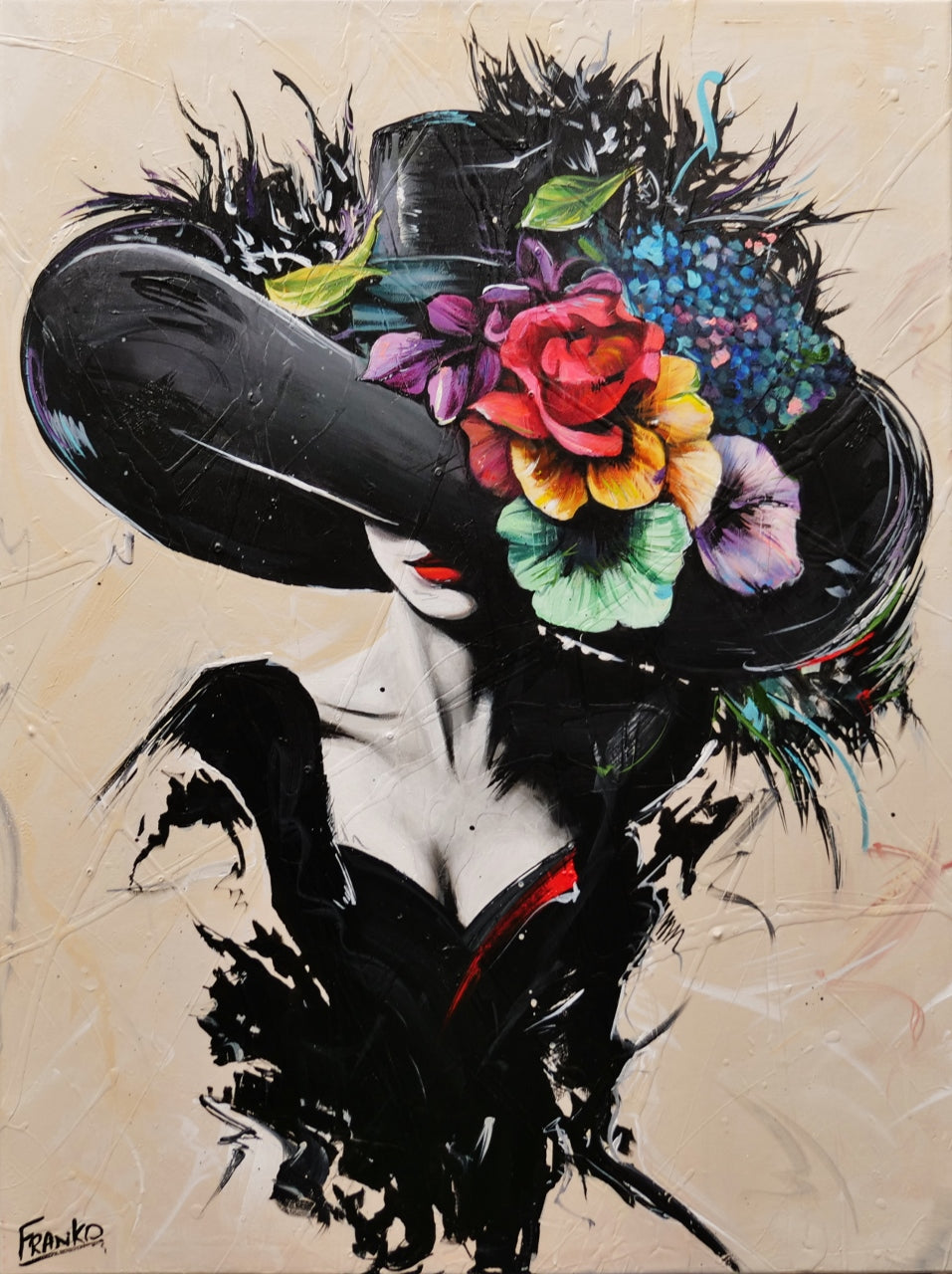 Summer 75cm x 100cm Flower Hat Abstract Elegance Textured Painting (SOLD)-people-[Franko ]-[Gallery]-[popular]-[Australia]-Franklin Art Studio