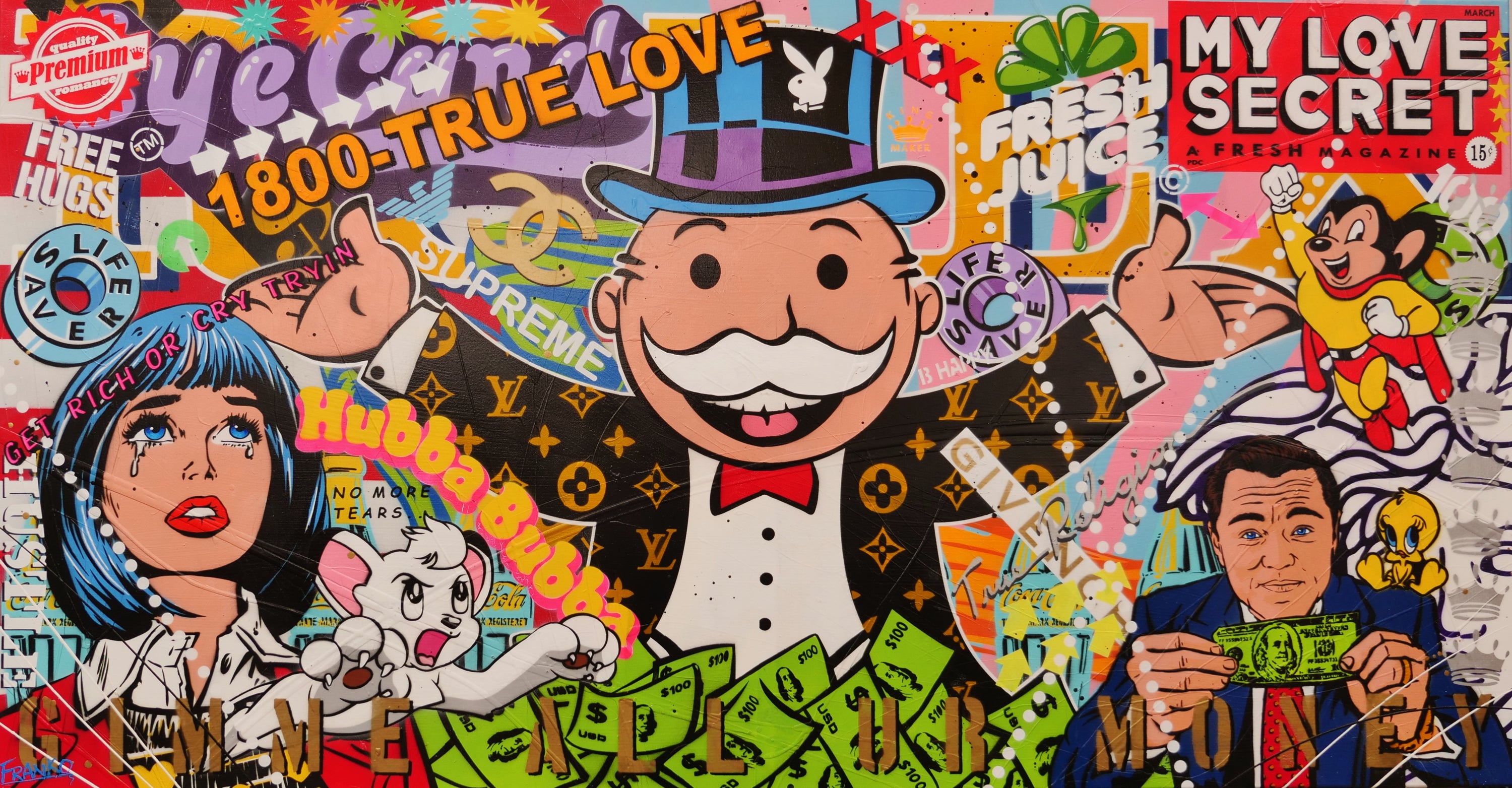 Jackpot Money 190cm x 100cm Monopoly Man Textured Urban Pop Art Painting (SOLD)-Urban Pop Art-[Franko ]-[Gallery]-[popular]-[Australia]-Franklin Art Studio