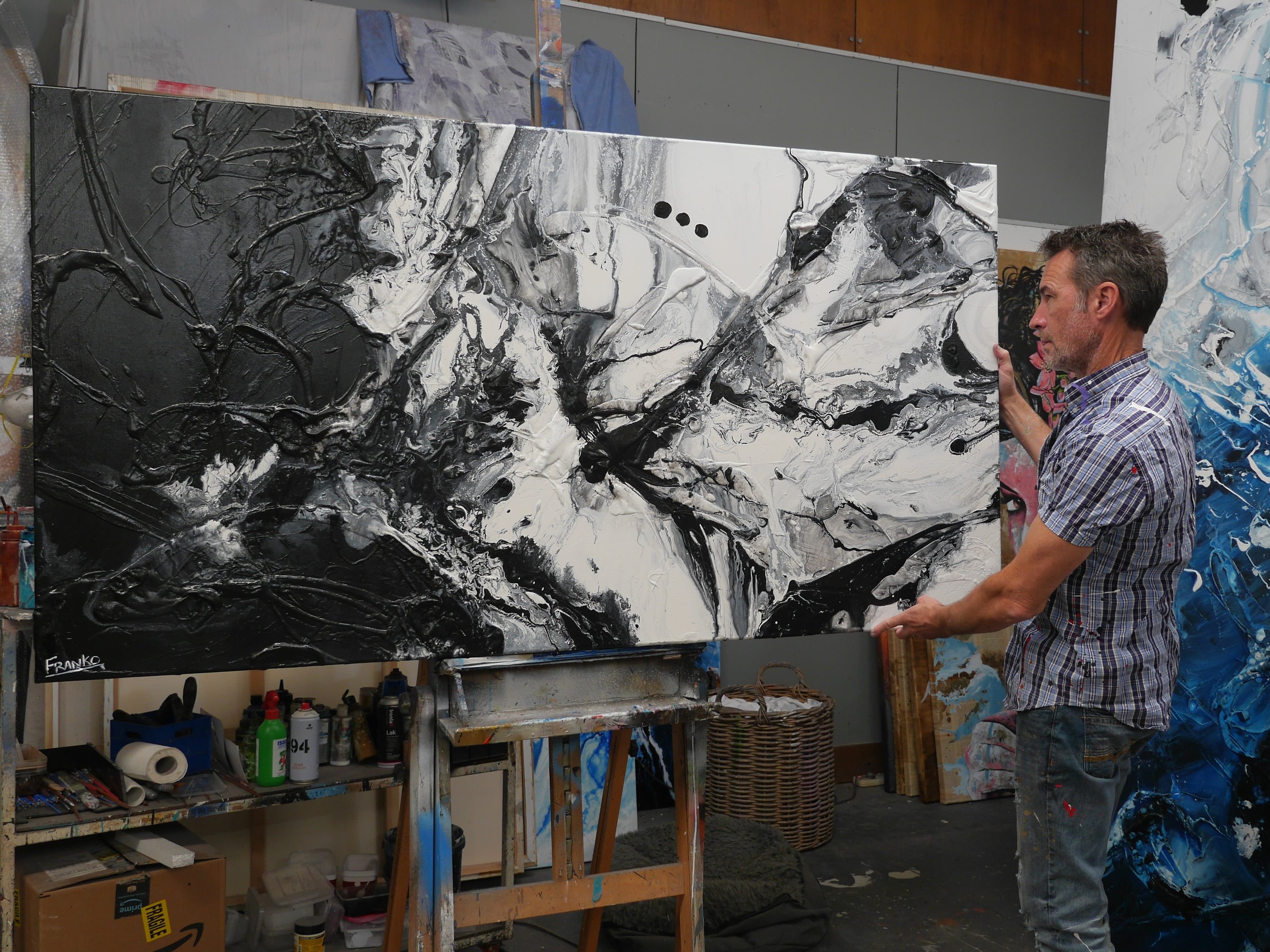 Black Haze 190cm x 100cm Black White Textured Abstract Painting (SOLD)-Abstract-[Franko Artist]-[Gold Coast]-[Brisbane]-[Huge]-Franklin Art Studio