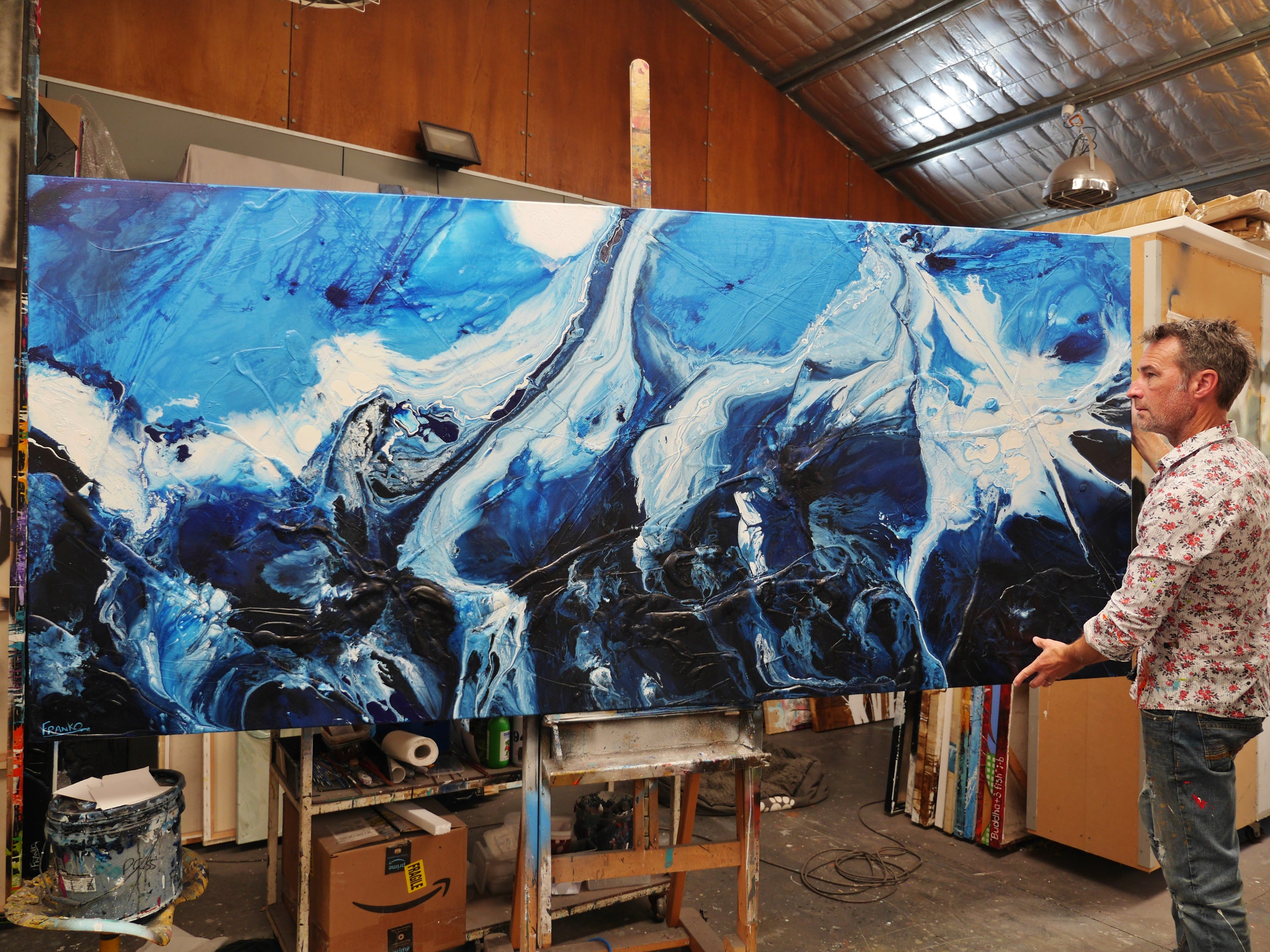 The Blue 270cm x 120cm Black Blue White Textured Abstract Painting (SOLD)-Abstract-[Franko Artist]-[Gold Coast]-[Brisbane]-[Huge]-Franklin Art Studio